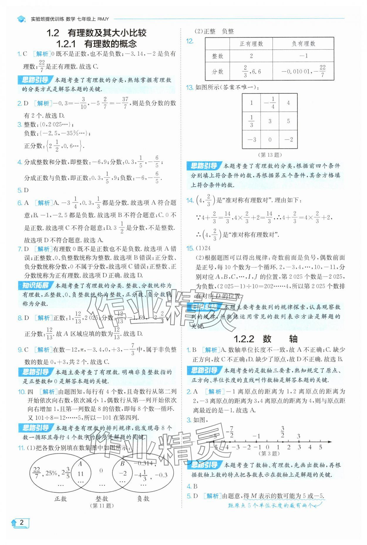 2025年实验班提优训练七年级数学上册人教版 参考答案第2页