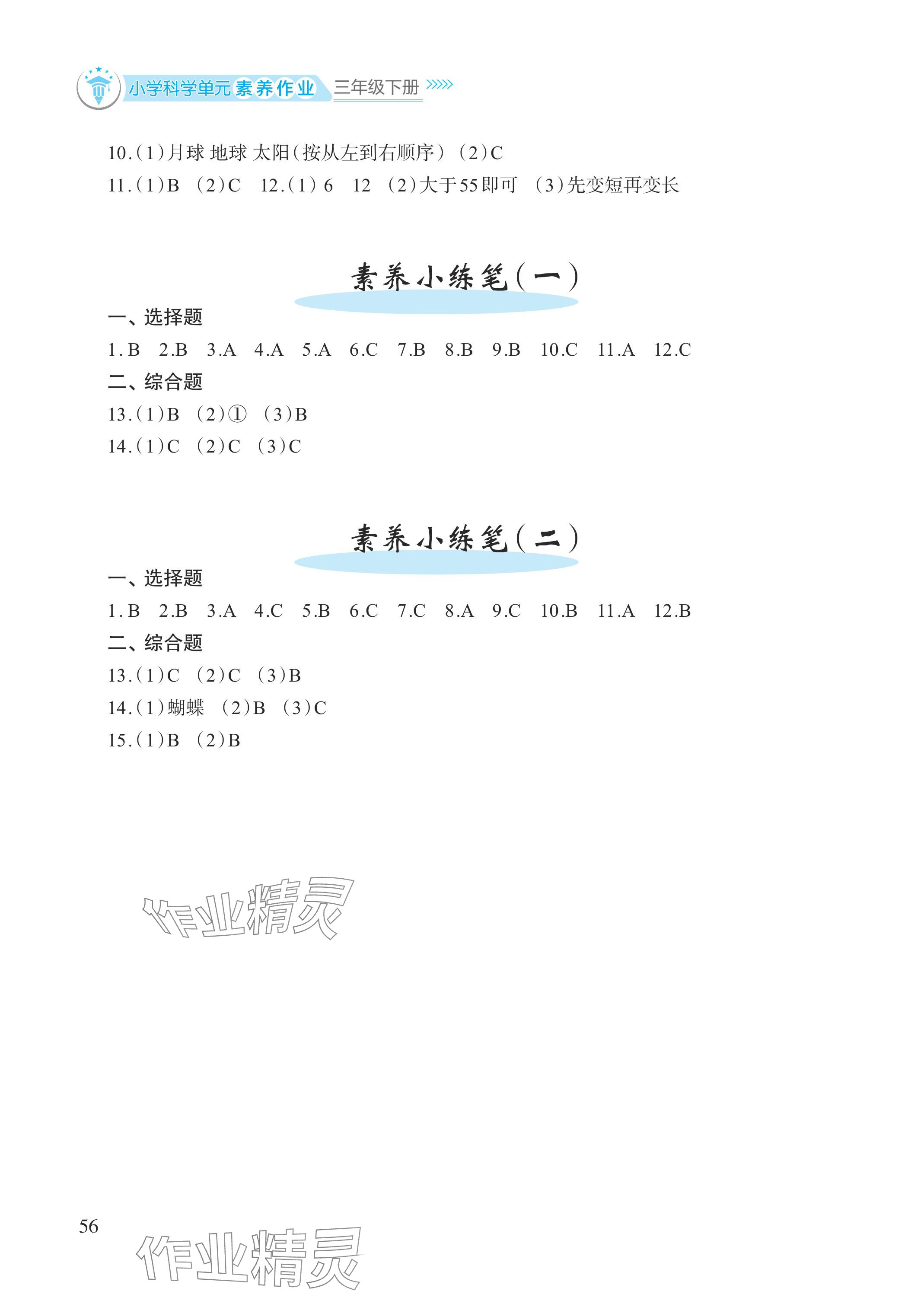 2024年小学单元素养作业三年级科学下册教科版 参考答案第2页