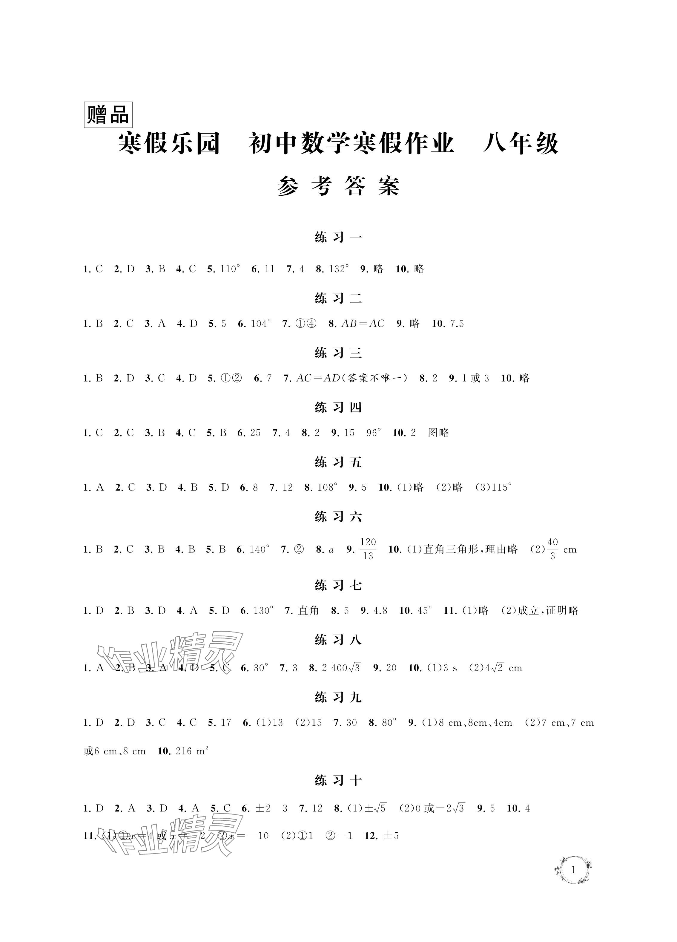 2024年寒假乐园寒假作业本八年级数学 参考答案第1页