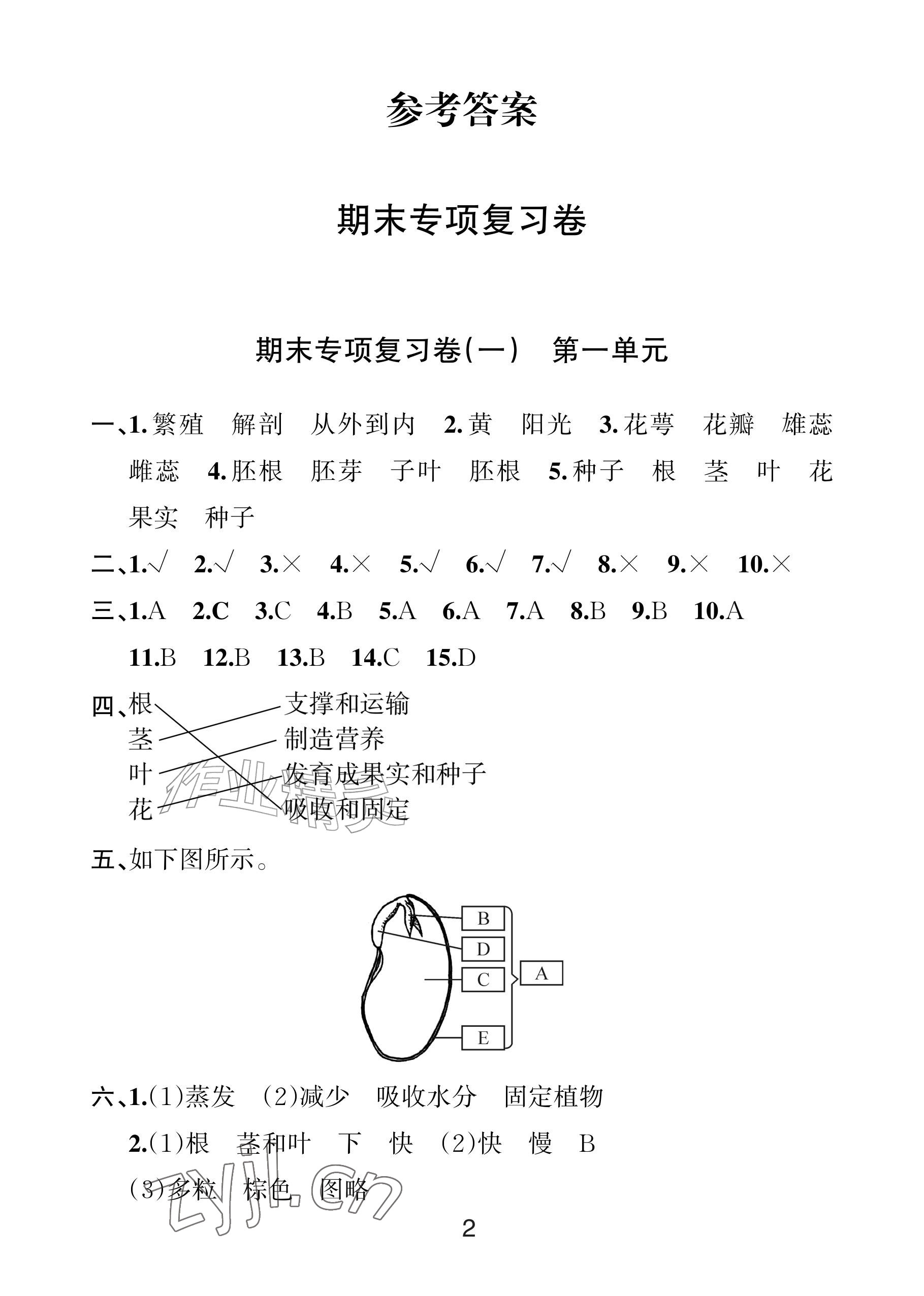 2026年各地期末名卷精选四年级科学下册教科版&nbsp;参考答案第1页