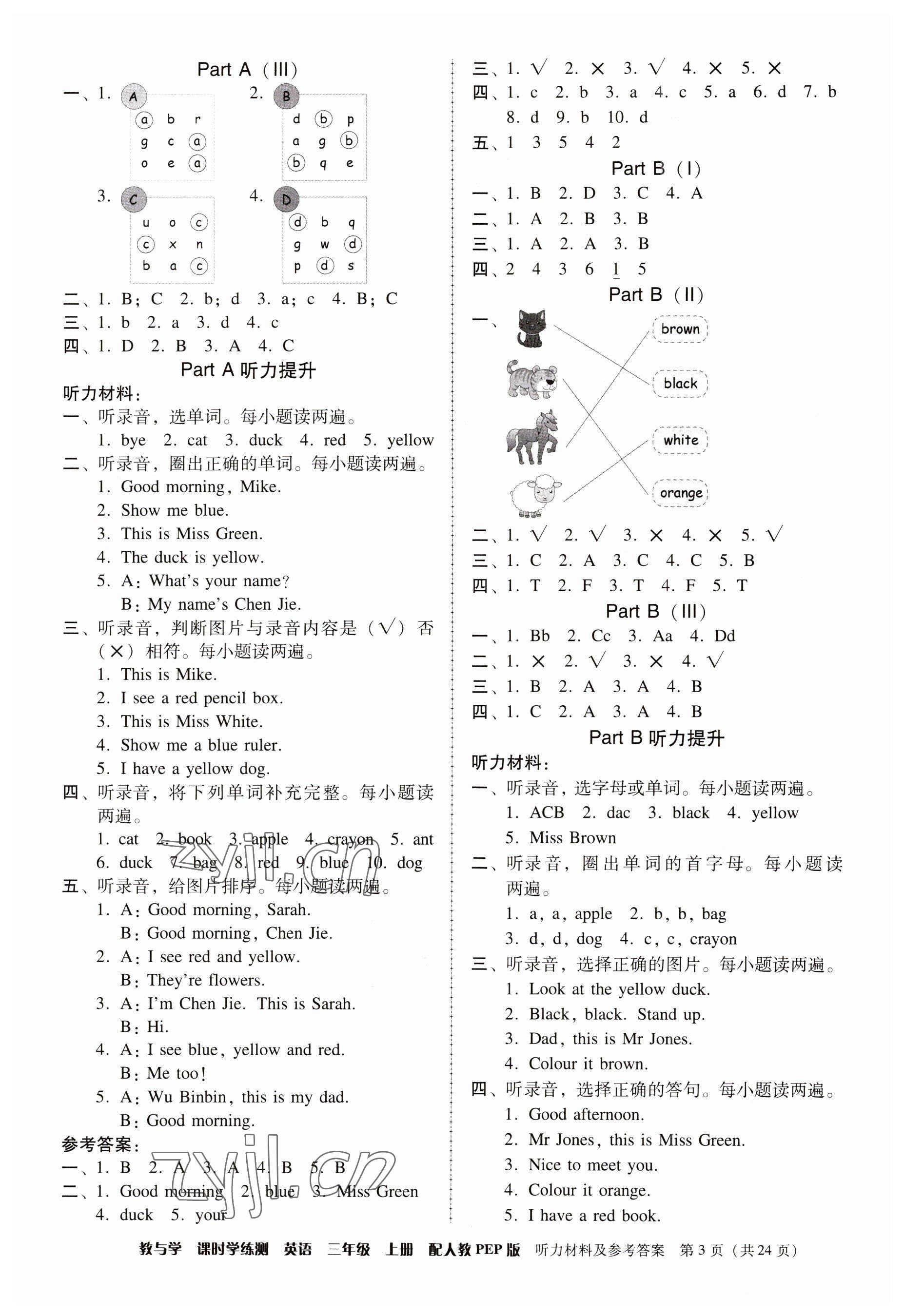 2023年教與學(xué)課時學(xué)練測三年級英語上冊人教版 參考答案第3頁