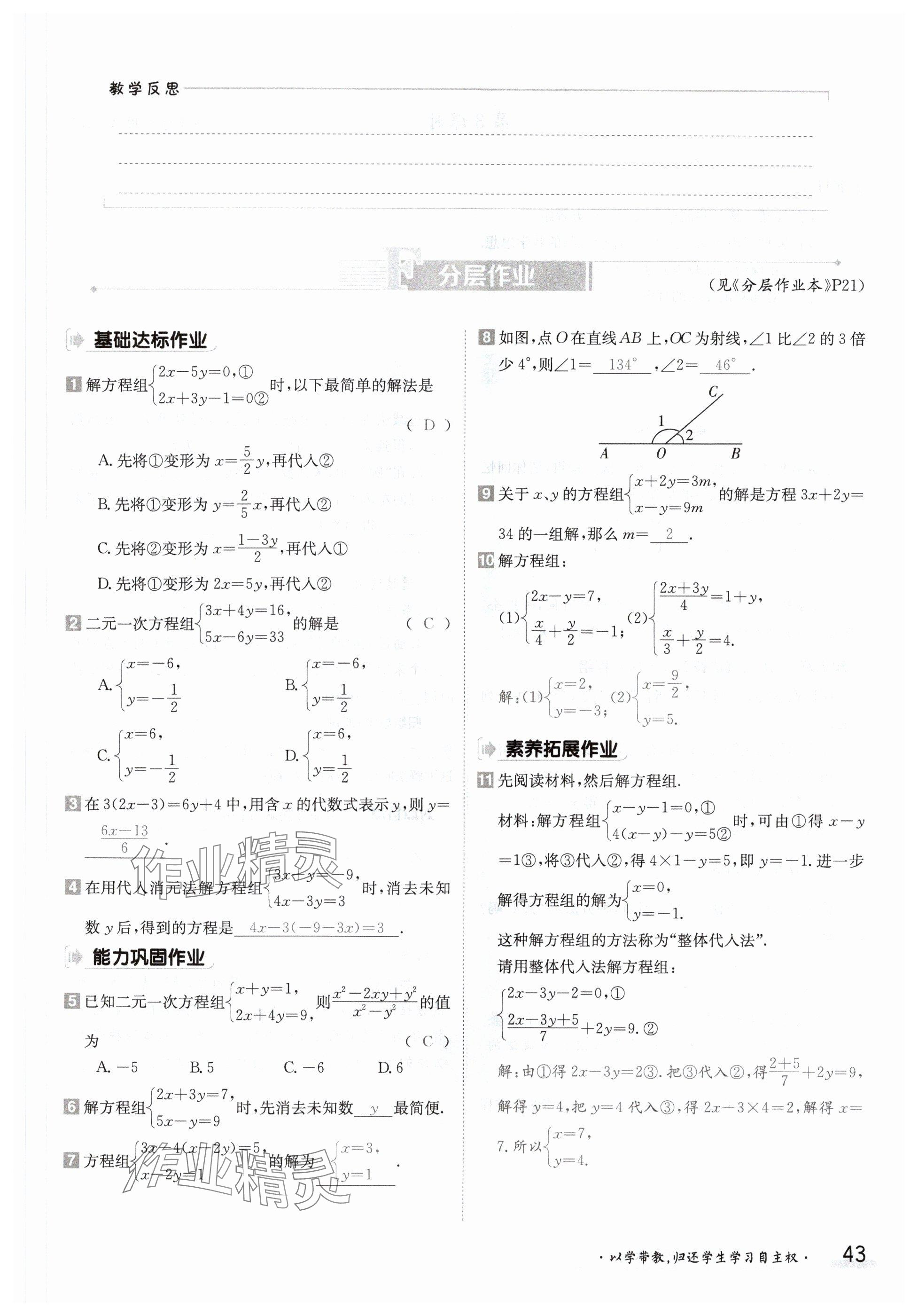 2024年金太阳导学案七年级数学下册华师大版 参考答案第43页