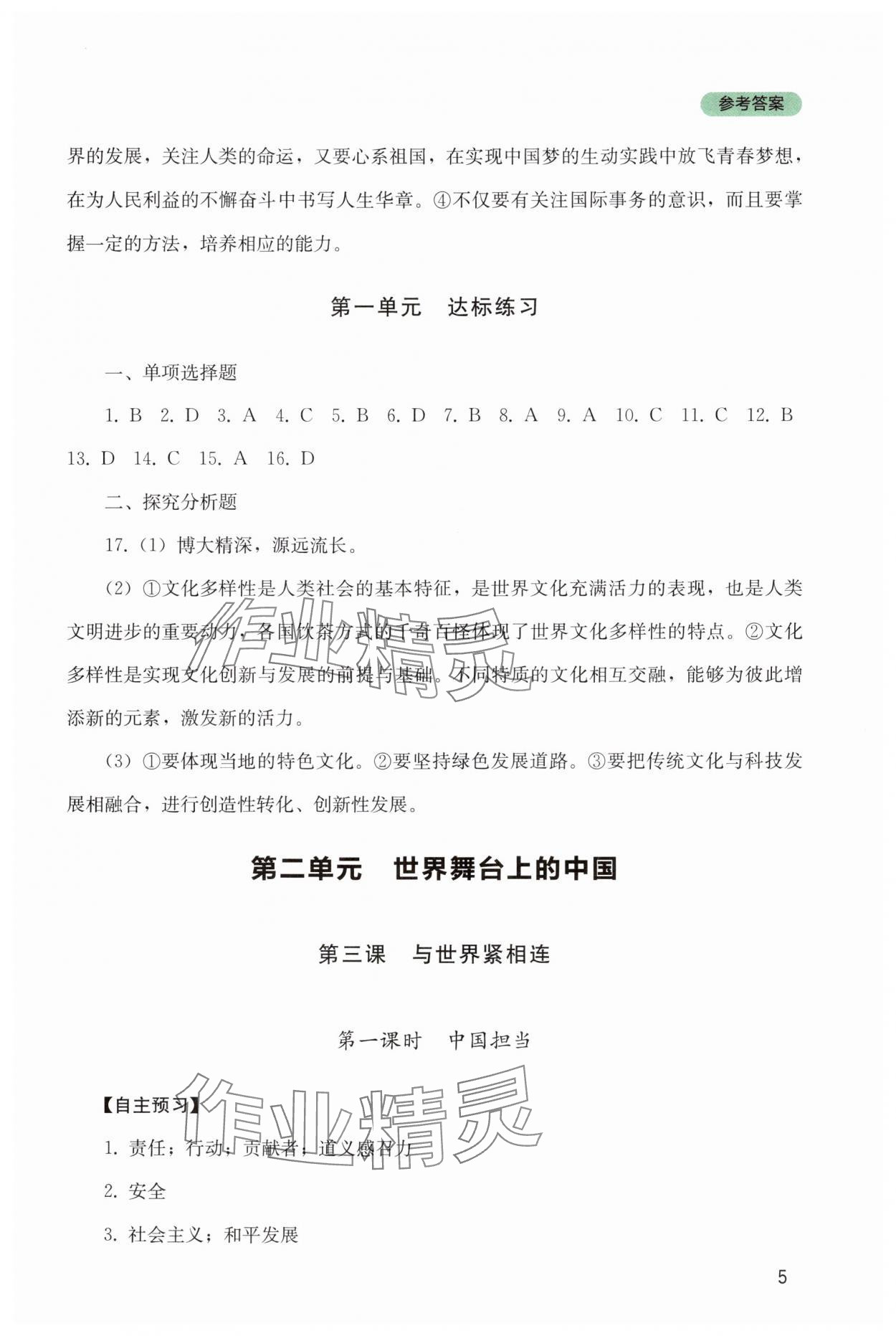 2025年新課程實踐與探究叢書九年級道德與法治下冊人教版 參考答案第5頁