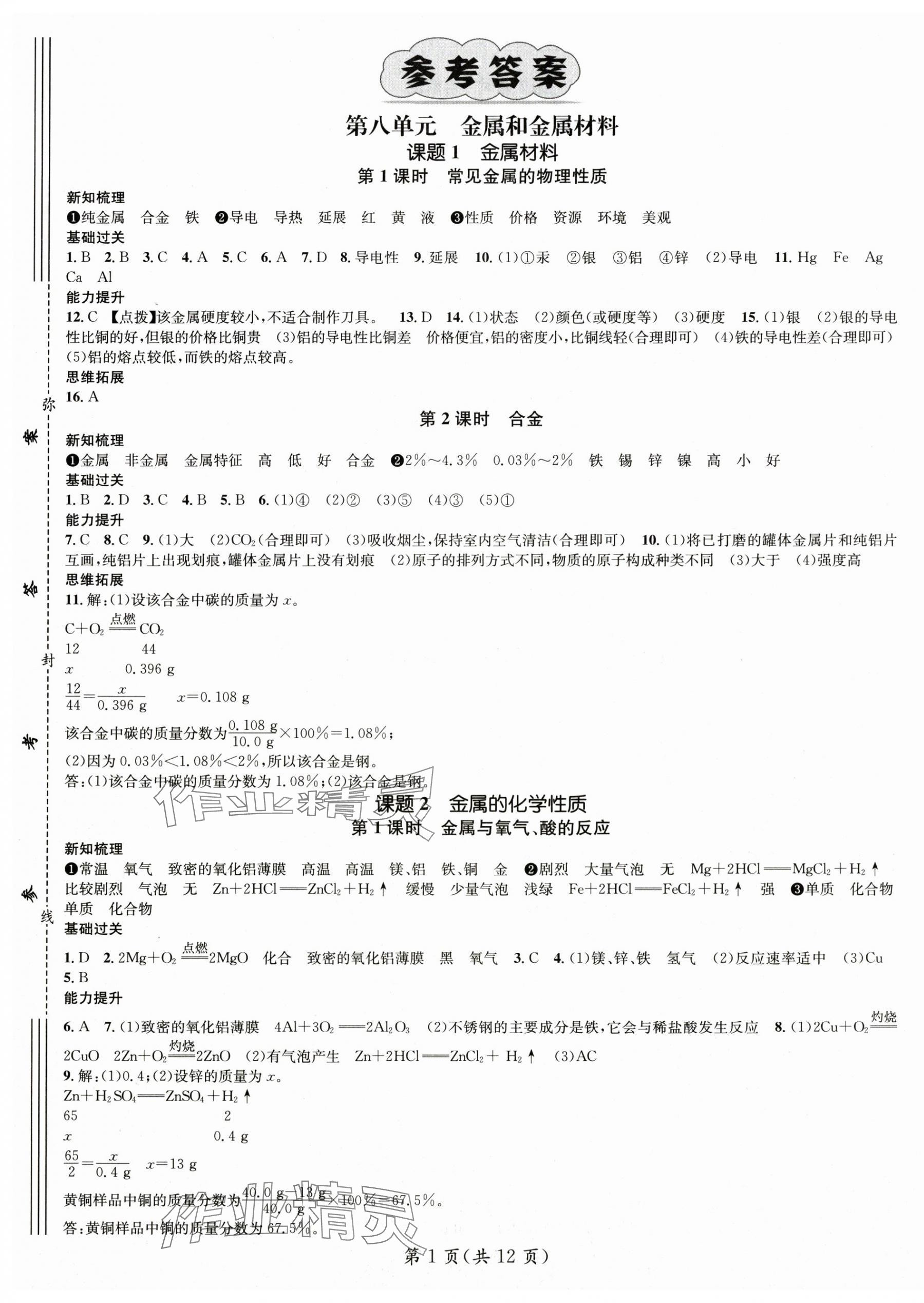 2025年名师测控九年级化学下册人教版安徽专版 第1页