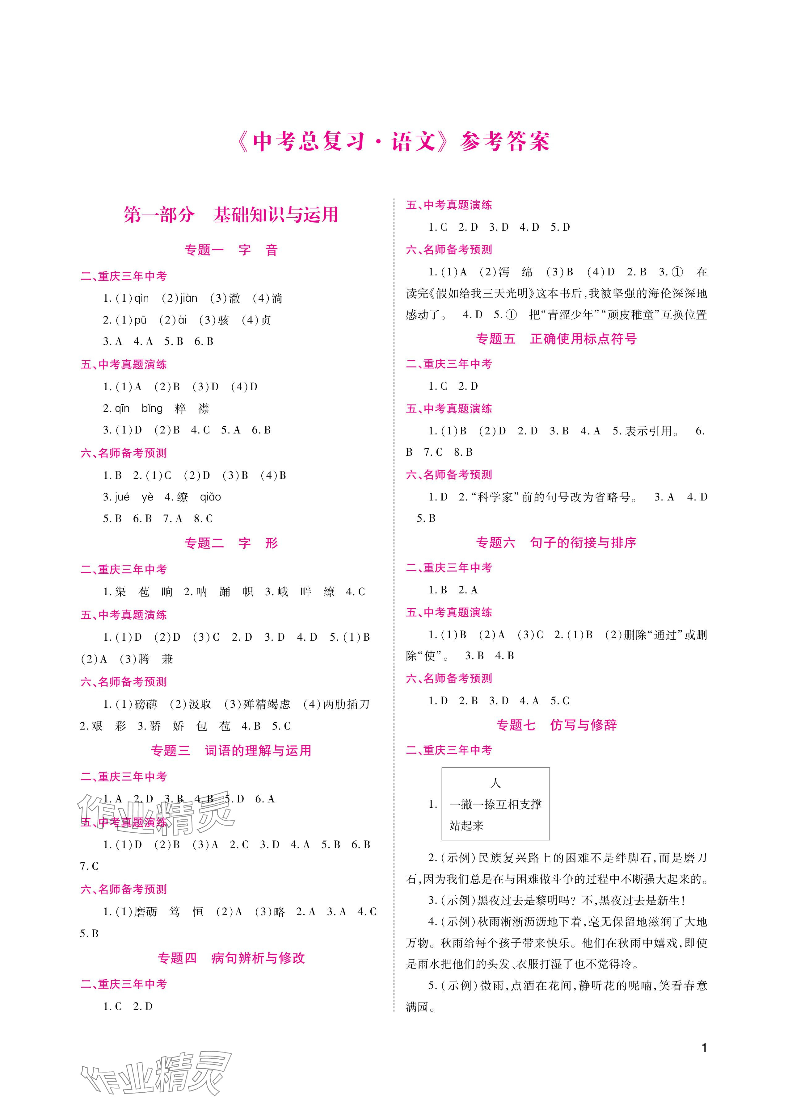 2024年中考總復(fù)習(xí)重慶出版社語文 參考答案第1頁