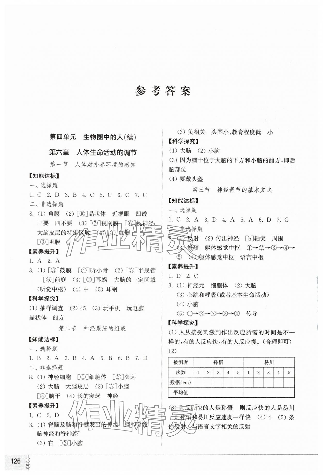 2025年同步練習冊七年級生物下冊魯科版54制山東教育出版社 參考答案第1頁