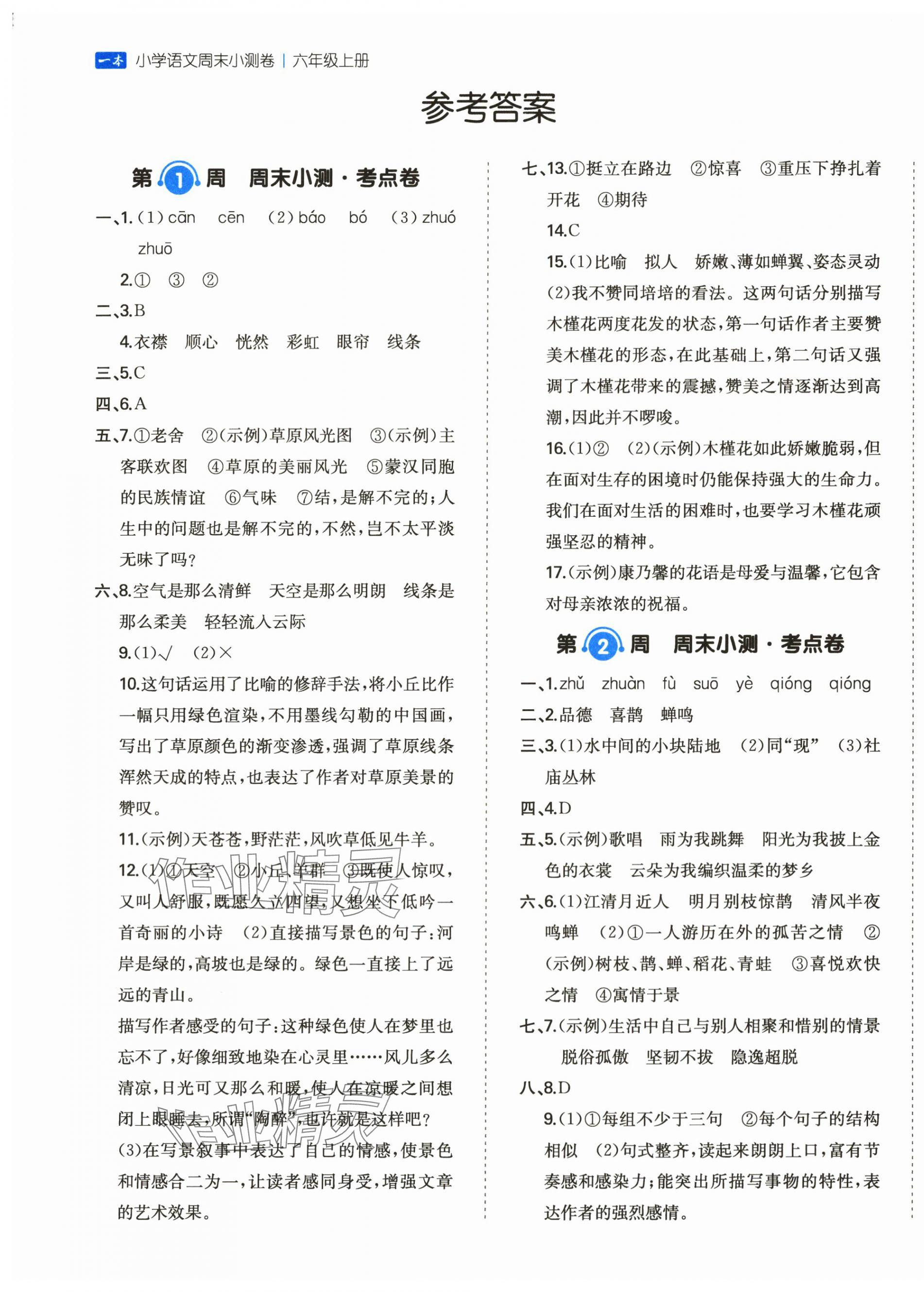 2025年一本周末小测卷六年级语文上册人教版 第1页