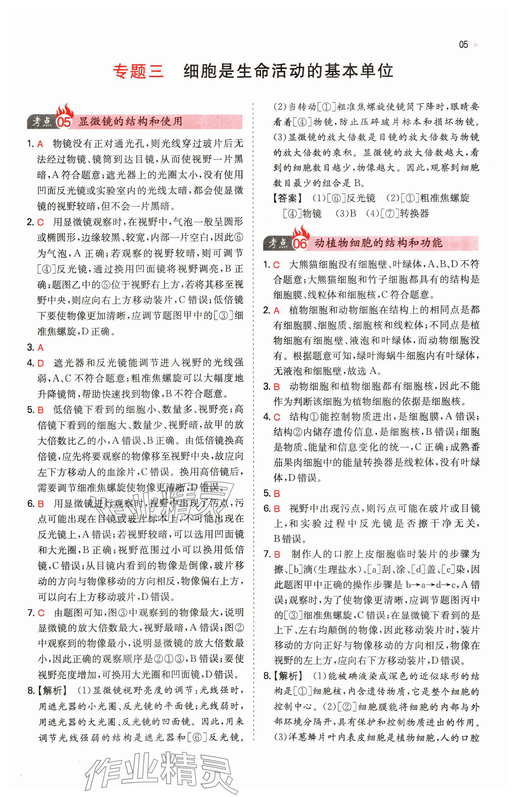 2025年一本中考训练方案生物&nbsp;参考答案第5页