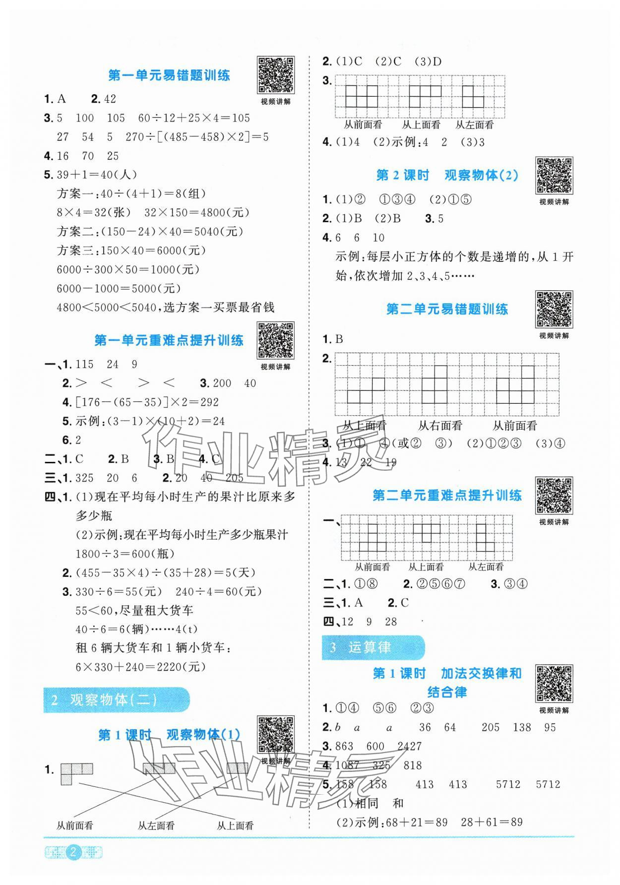 2024年阳光同学课时优化作业四年级数学下册人教版 参考答案第2页