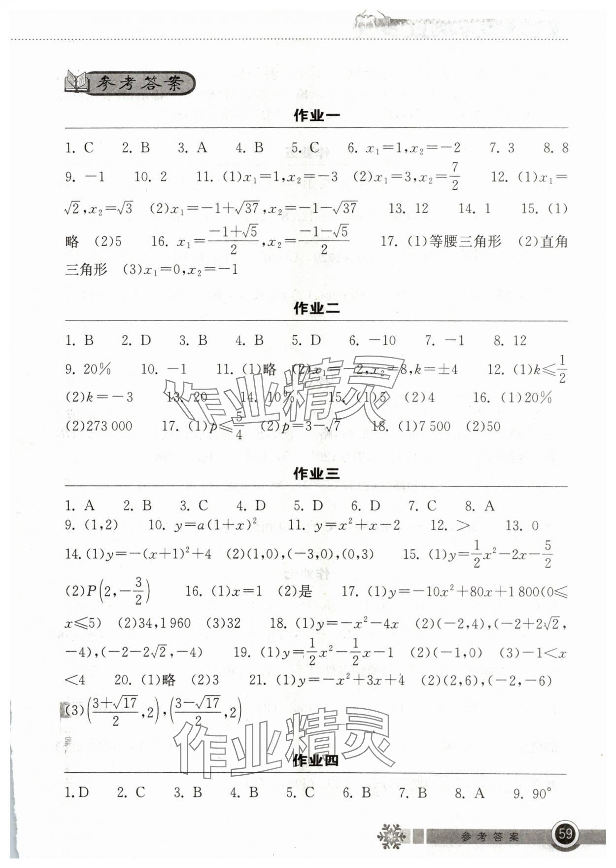 2024年长江作业本寒假作业湖北教育出版社九年级数学人教版 第1页