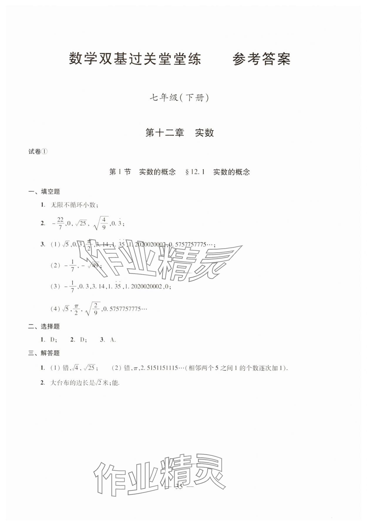 2024年双基过关堂堂练七年级数学下册沪教版 参考答案第1页