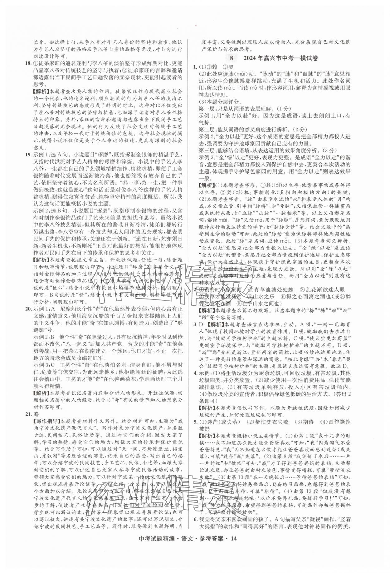 2025年浙江省中考試題精編備戰(zhàn)中考語文&nbsp;參考答案第14頁