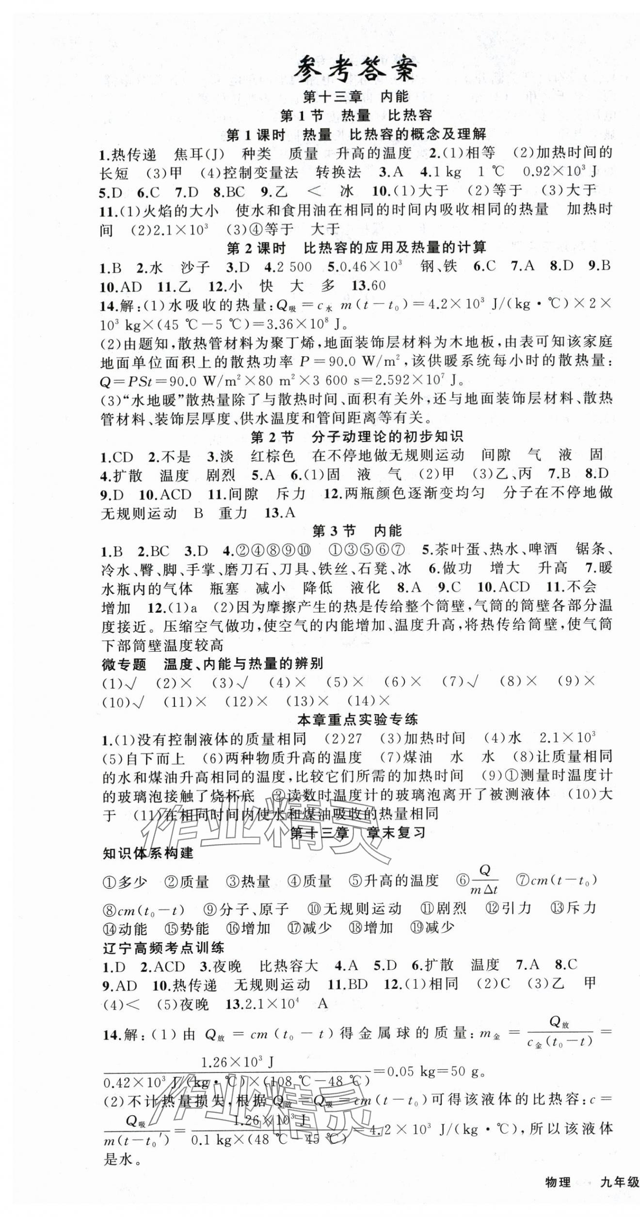2025年四清導(dǎo)航九年級(jí)物理上冊(cè)人教版遼寧專版 參考答案第1頁(yè)