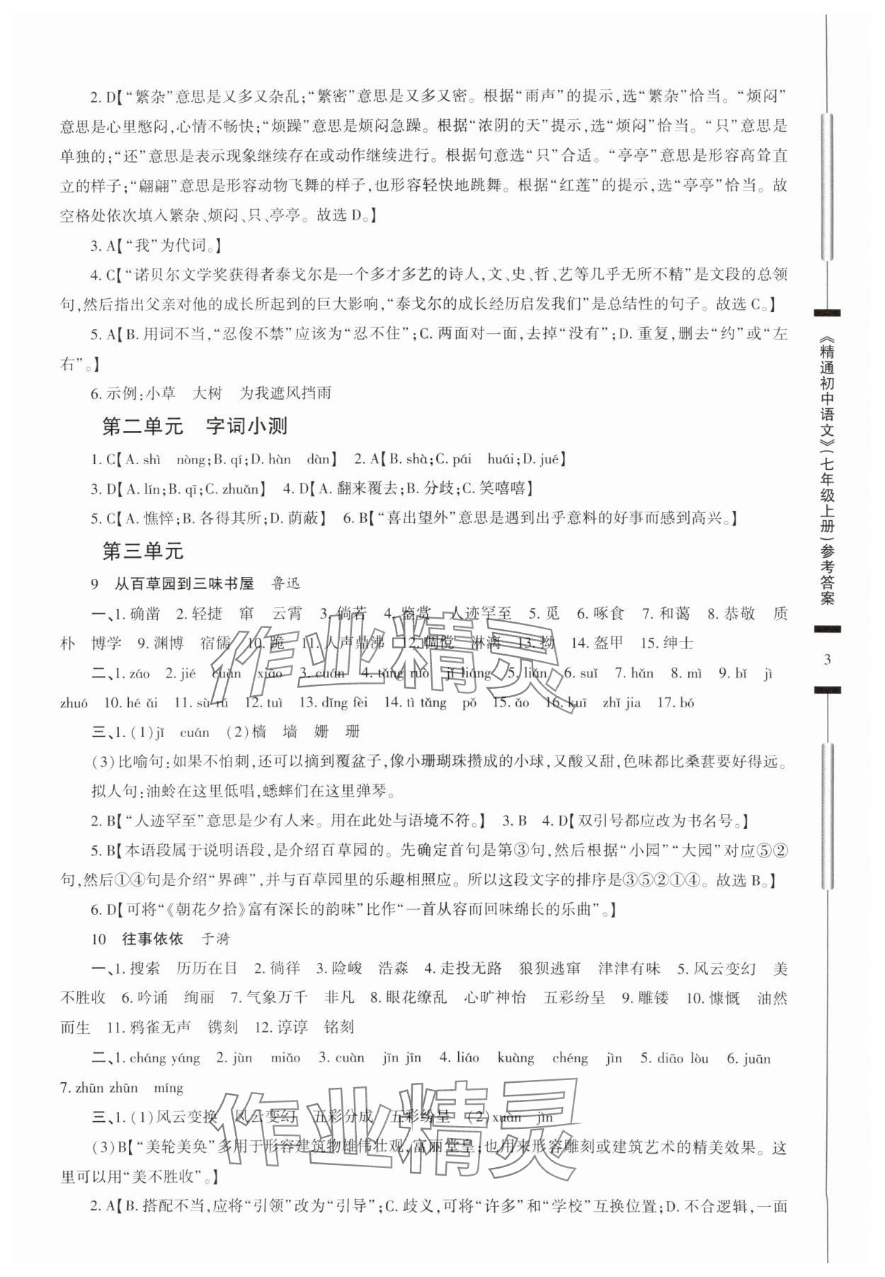 2025年精通初中語(yǔ)文七年級(jí)上冊(cè)人教版 參考答案第3頁(yè)