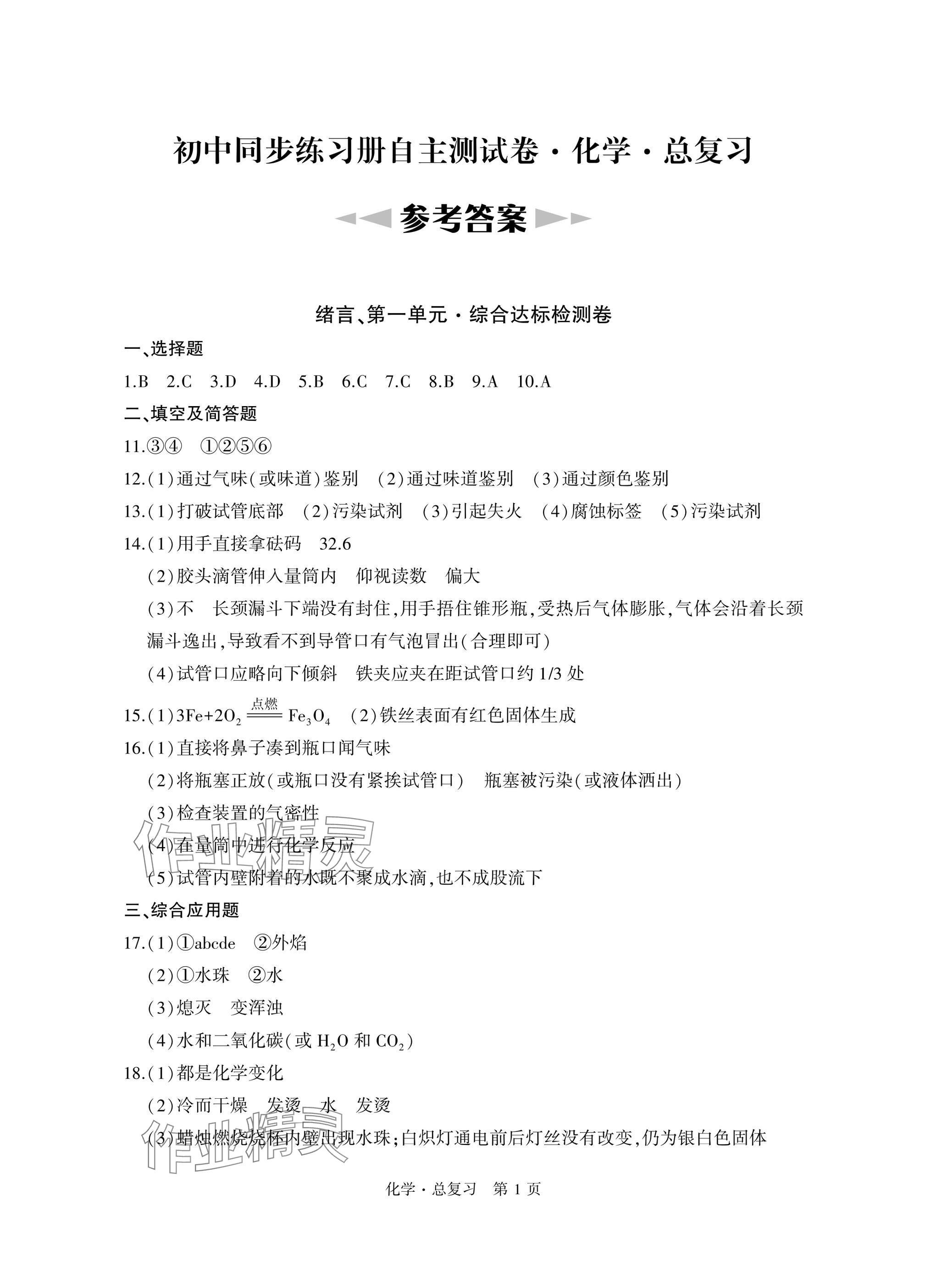 2025年初中同步練習冊自主測試卷總復習化學 參考答案第1頁