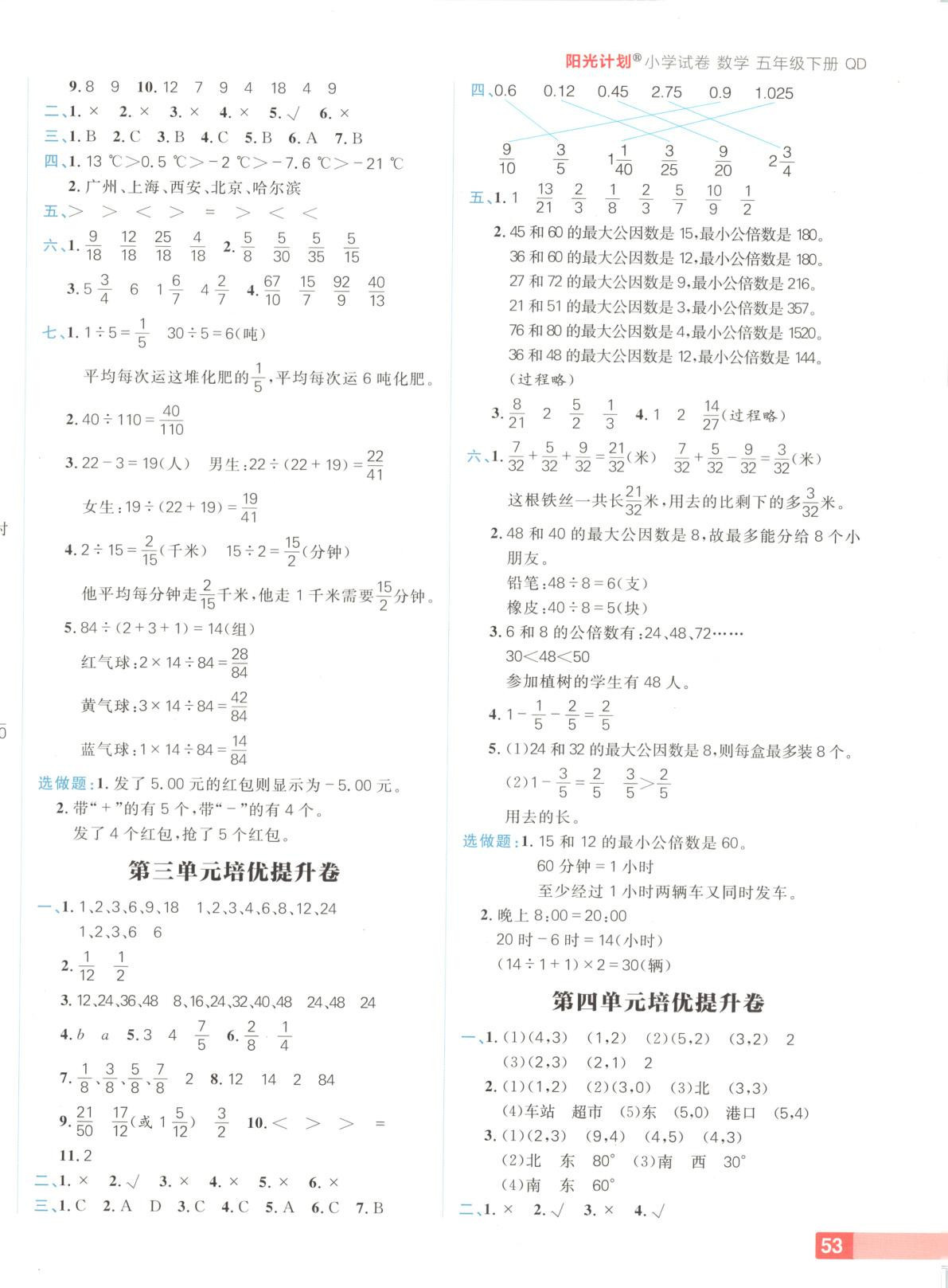 2025年阳光计划小学试卷五年级数学下册青岛版 参考答案第2页