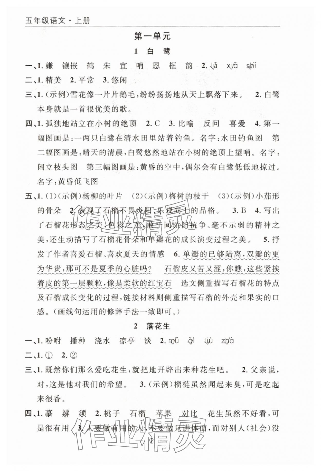 2025年优质课堂快乐成长五年级语文上册人教版 参考答案第1页
