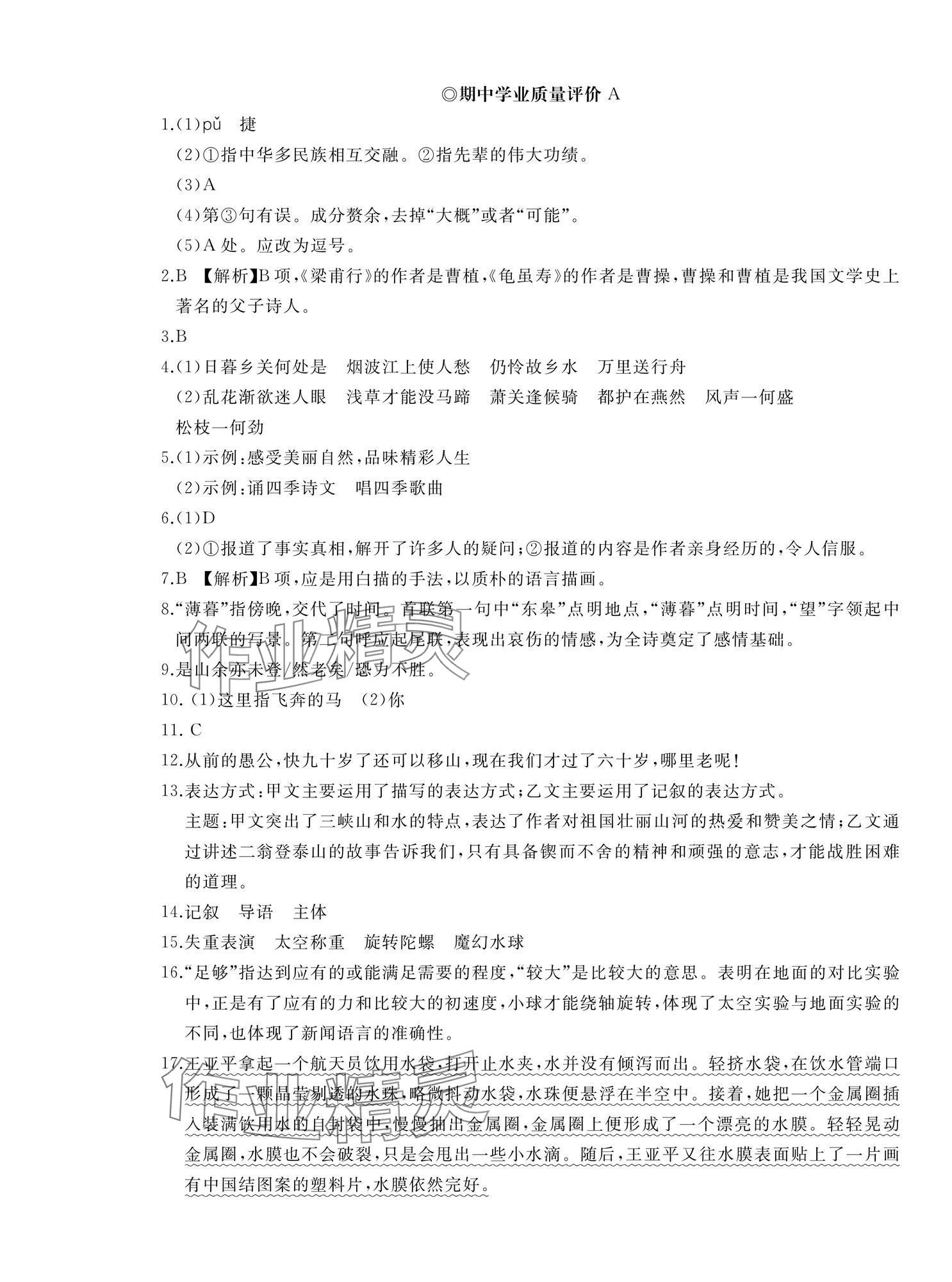 2025年精练课堂分层作业八年级语文上册人教版 参考答案第9页