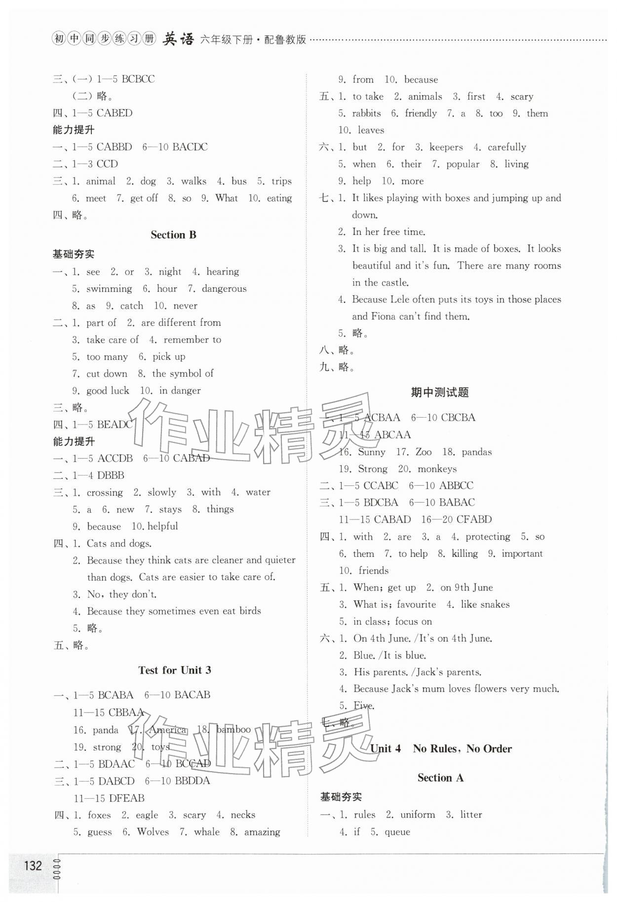 2026年同步练习册山东教育出版社六年级英语下册鲁教版五四制&nbsp;参考答案第3页