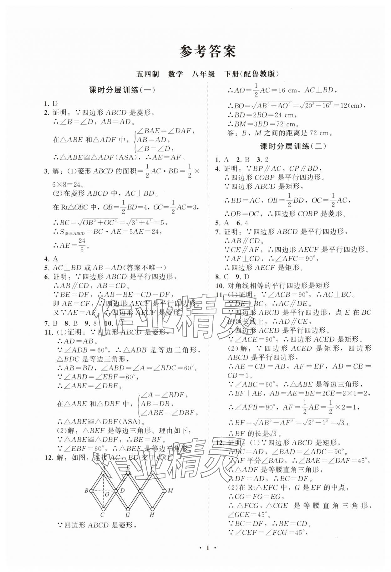 2025年同步練習(xí)冊(cè)分層卷八年級(jí)數(shù)學(xué)下冊(cè)魯教版54制 參考答案第1頁(yè)