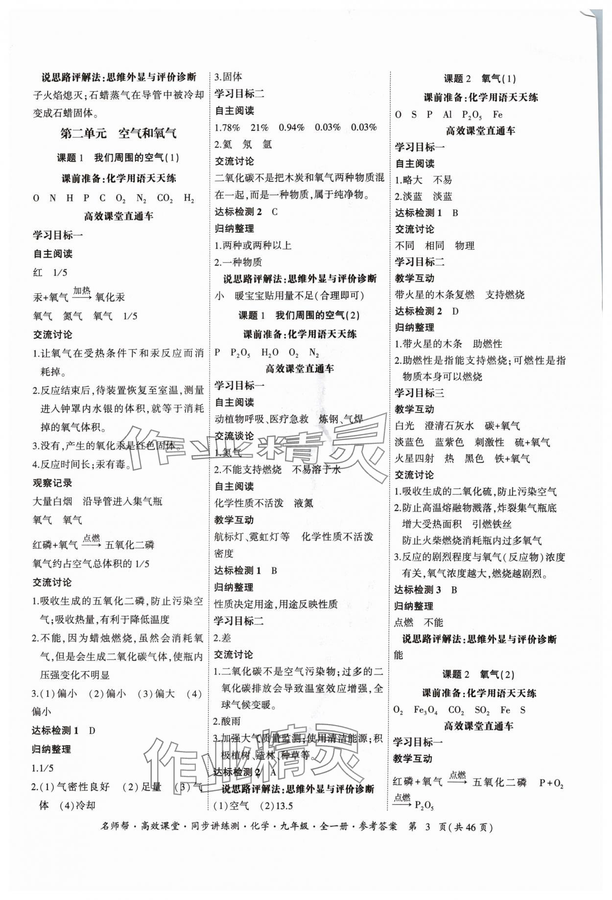 2024年名師幫高效課堂同步講練測九年級化學(xué)全一冊人教版 參考答案第3頁
