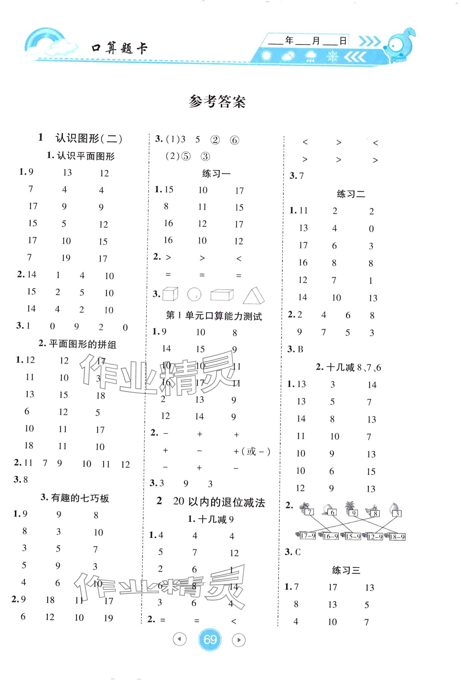 2024年小狀元數(shù)學(xué)天天練口算題卡大通關(guān)一年級下冊人教版 第1頁