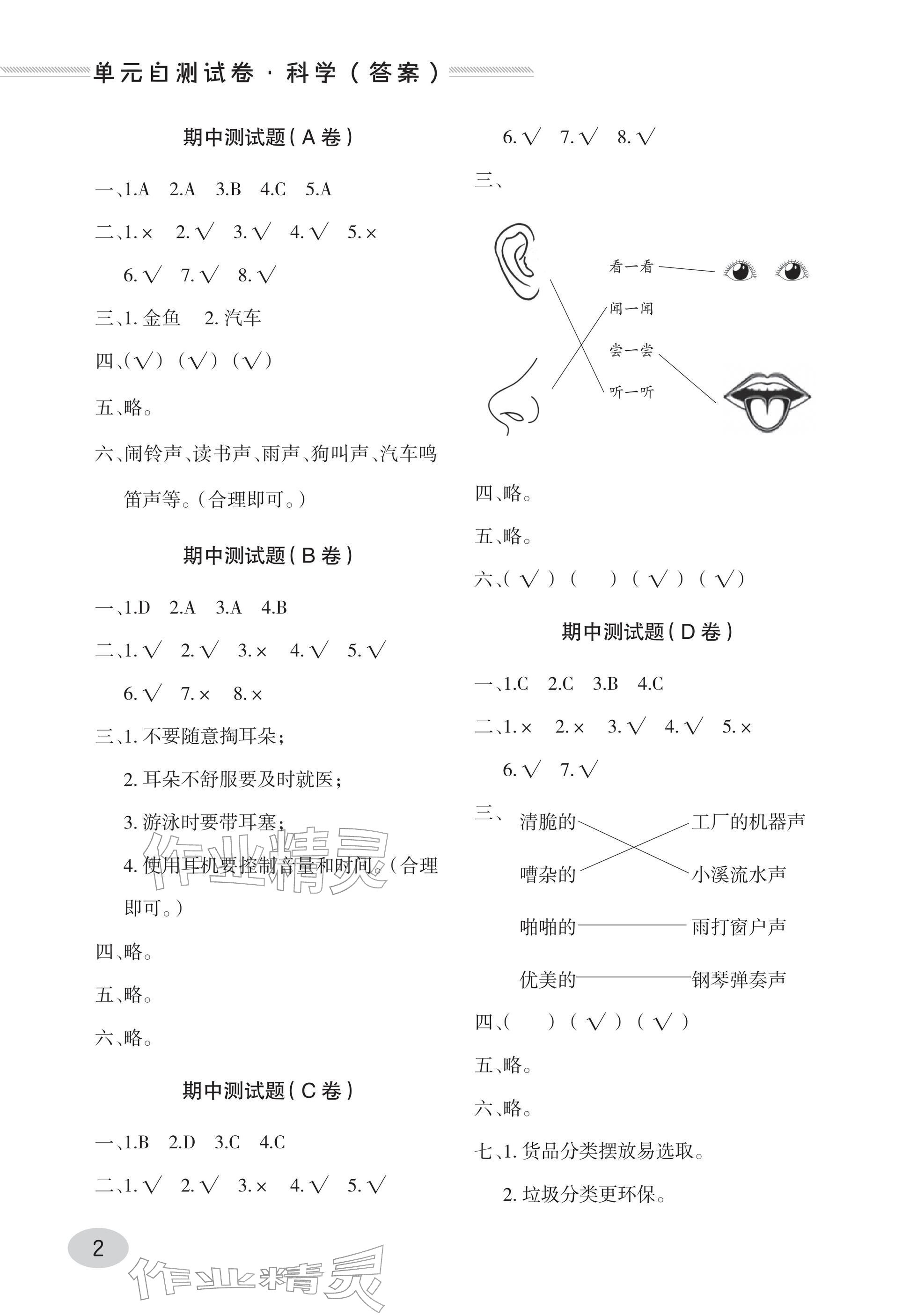 2025年单元自测试卷青岛出版社一年级科学上册青岛版 参考答案第2页