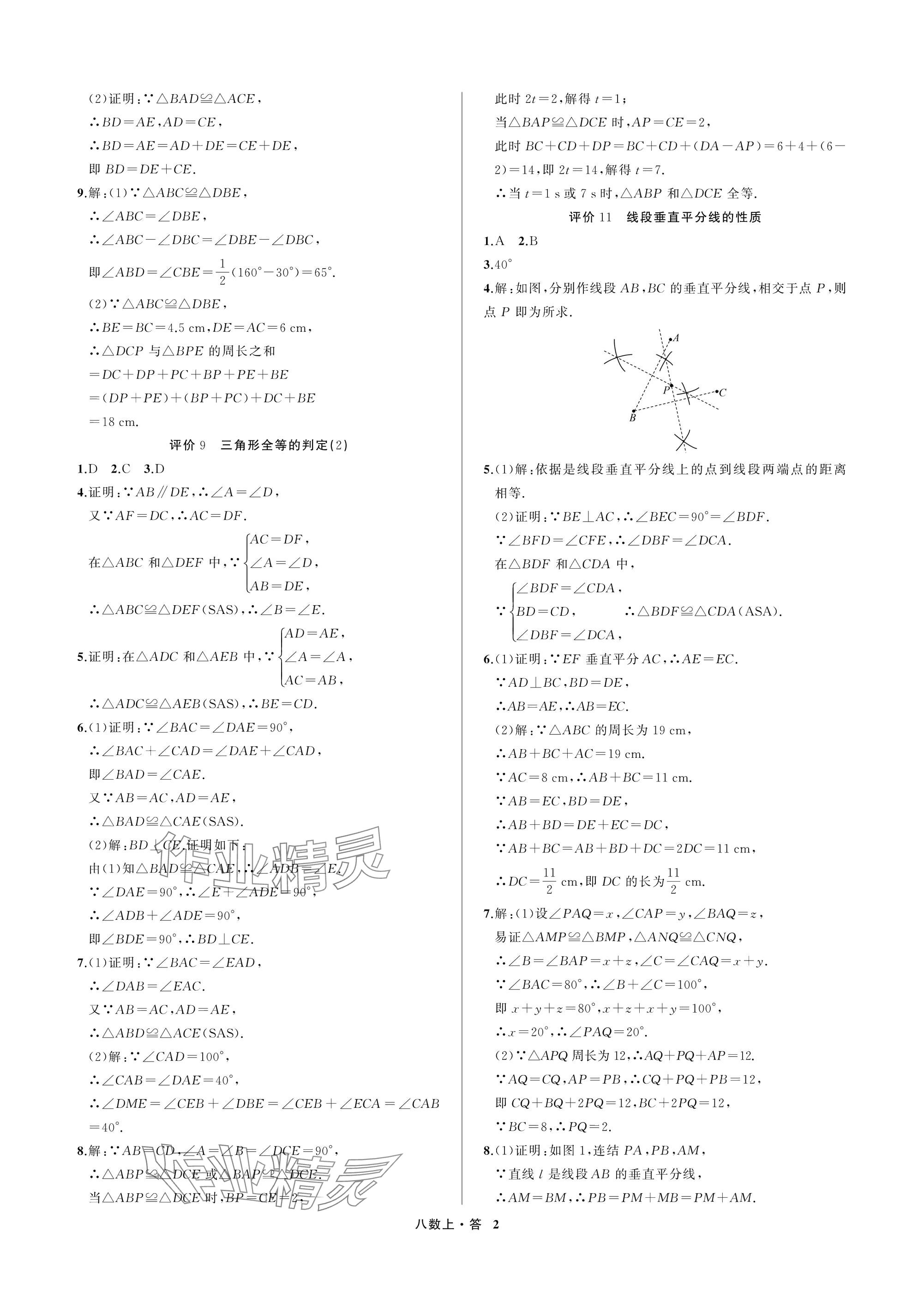 2025年名师面对面学科素养评价八年级数学上册浙教版 参考答案第2页
