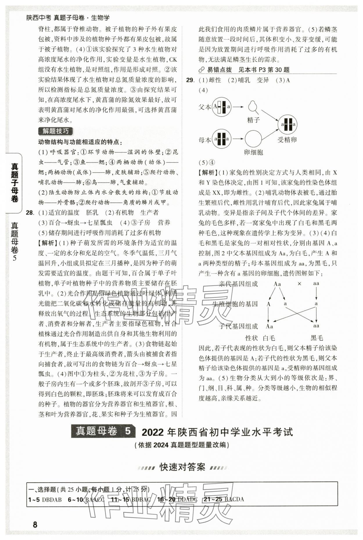 2025年万唯中考真题子母卷生物陕西专版&nbsp;参考答案第8页