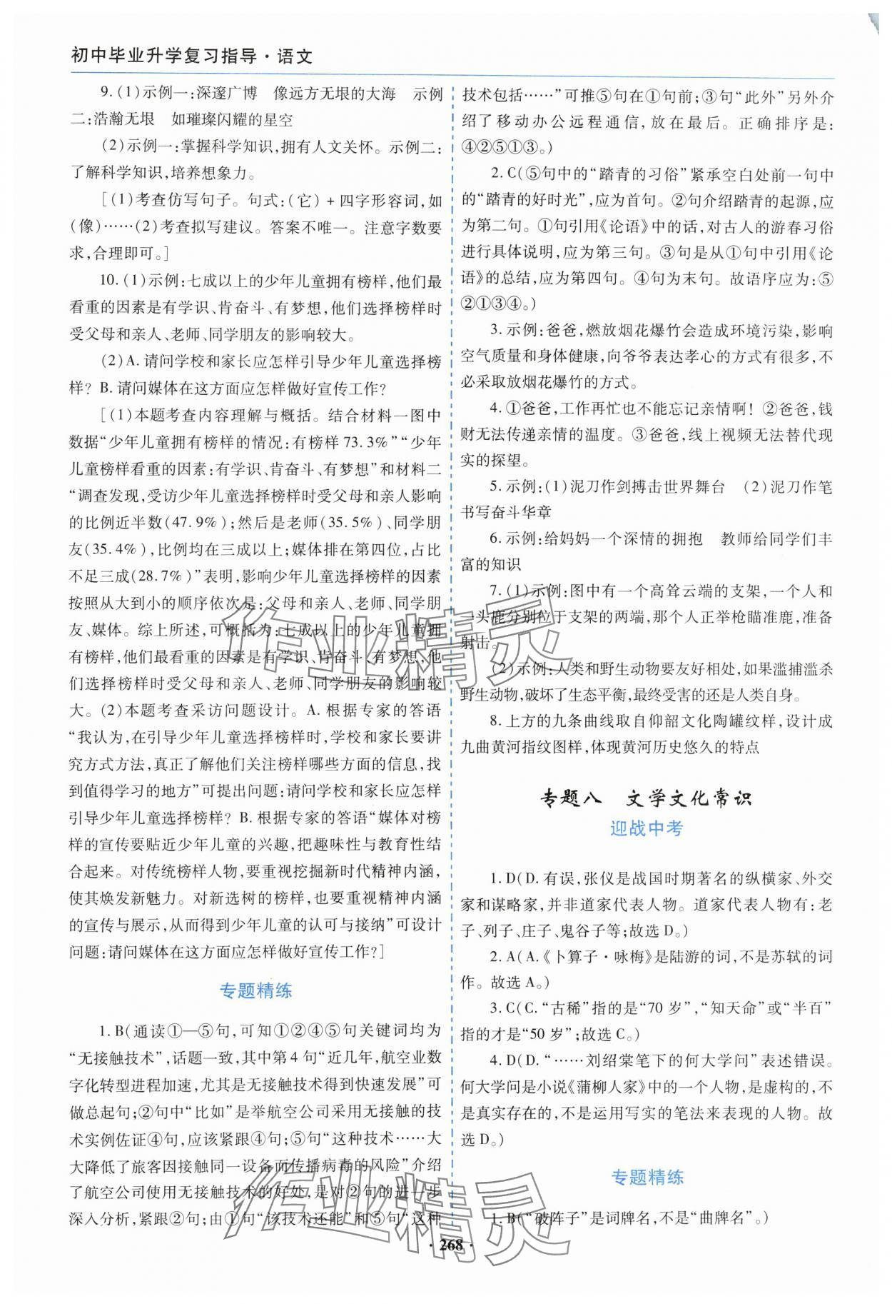 2024年初中畢業(yè)升學(xué)復(fù)習(xí)指導(dǎo)語(yǔ)文 參考答案第9頁(yè)