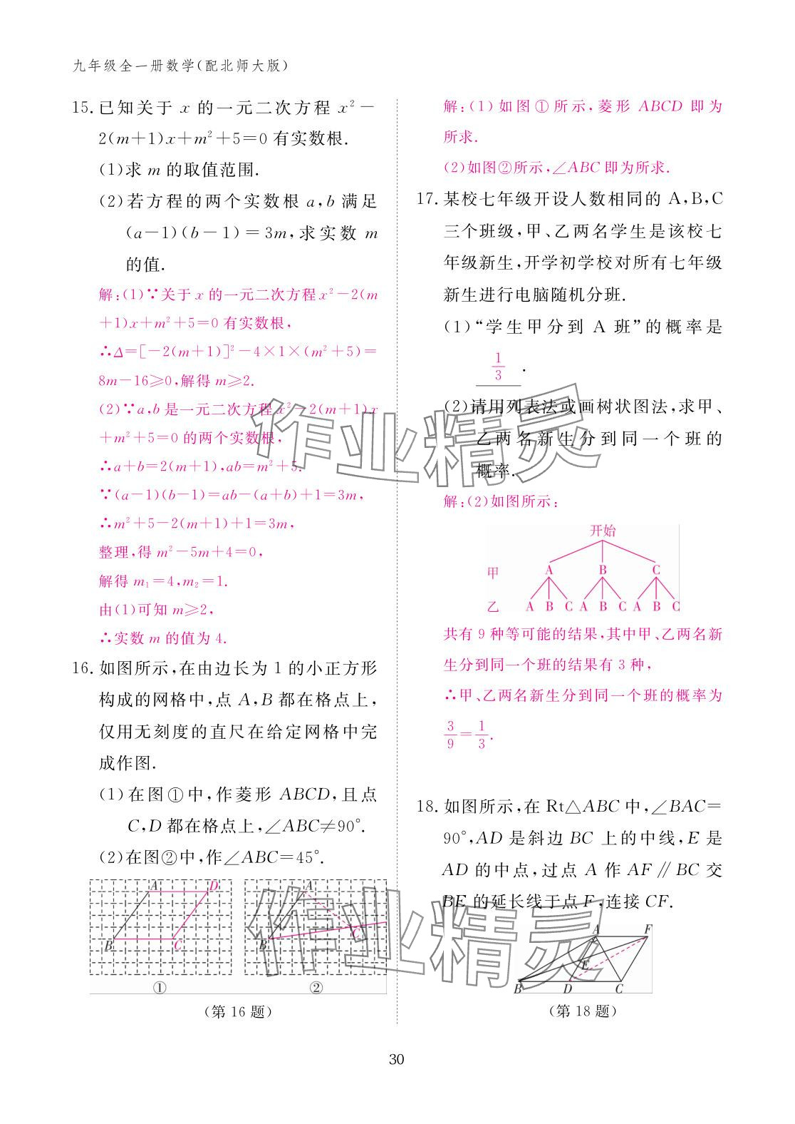 2025年作业本江西教育出版社九年级数学全一册北师大版 参考答案第30页