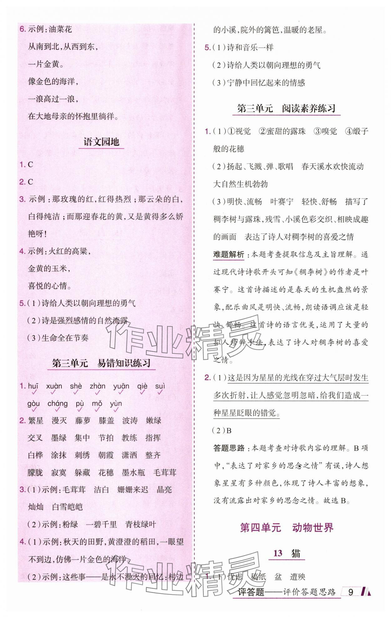 2025年动成长题题体现核心素养四年级语文下册人教版惠州专版&nbsp;参考答案第9页