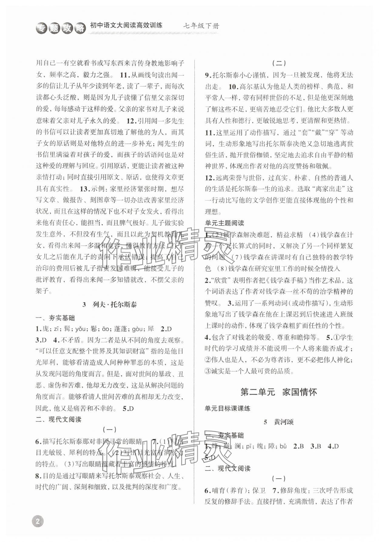 2025年初中語文大閱讀高效訓練七年級下冊 參考答案第2頁
