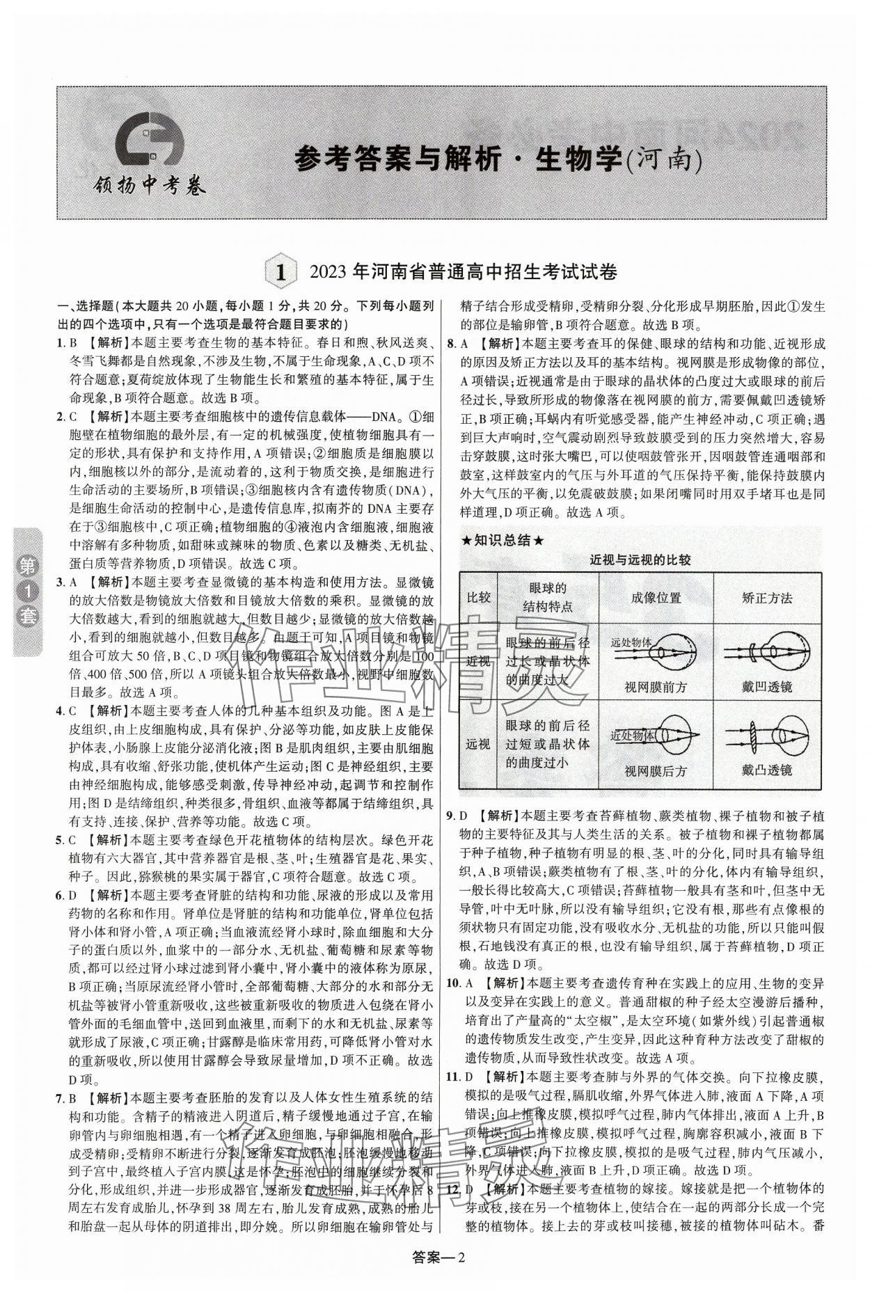 2024年領揚中考卷生物河南專版 參考答案第1頁