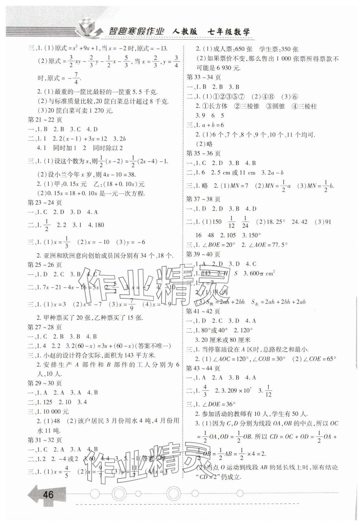 2025年智趣寒假作业七年级数学人教版 第2页
