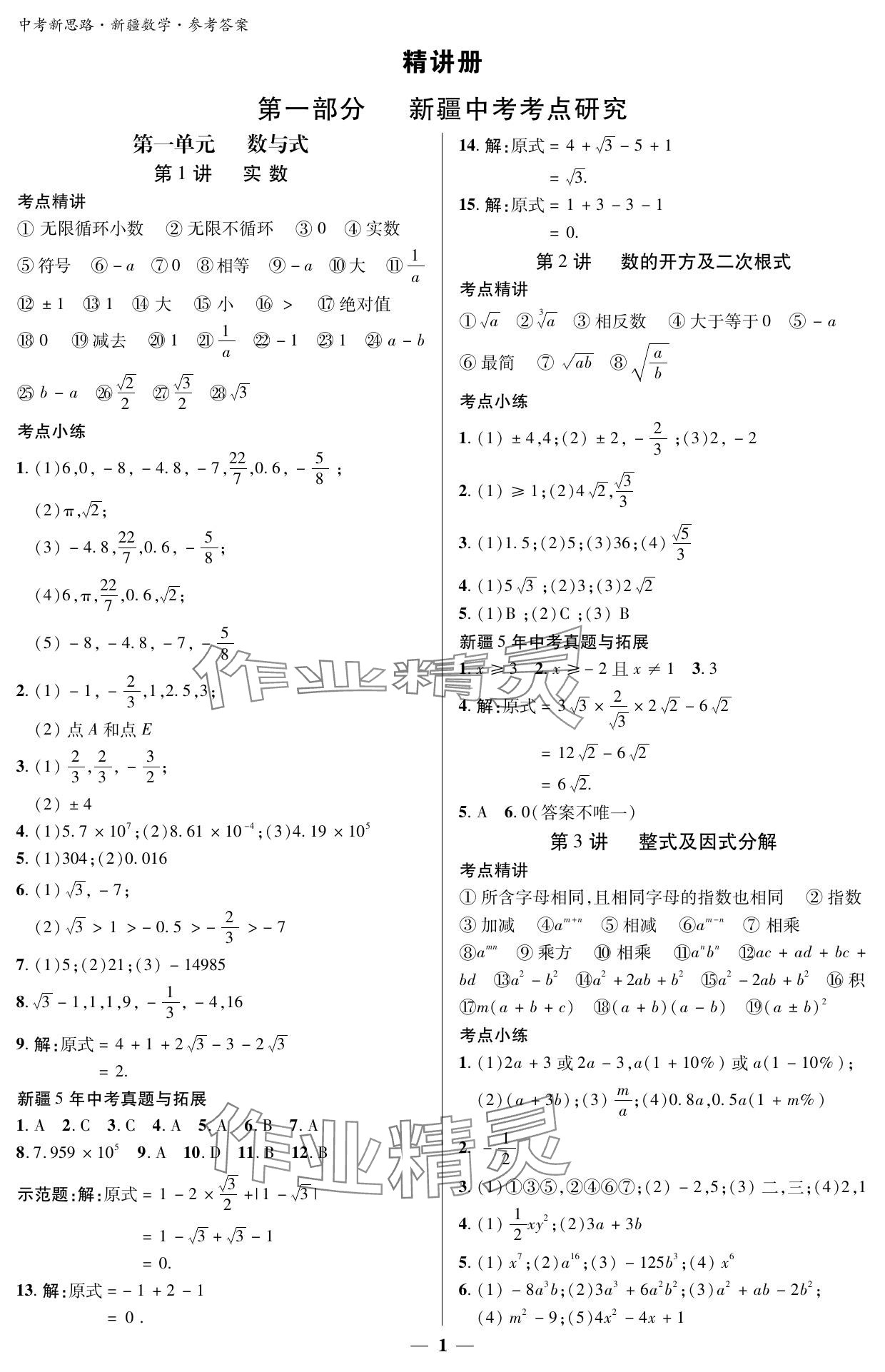 2024年中考新思路數(shù)學(xué)新疆專版 參考答案第1頁