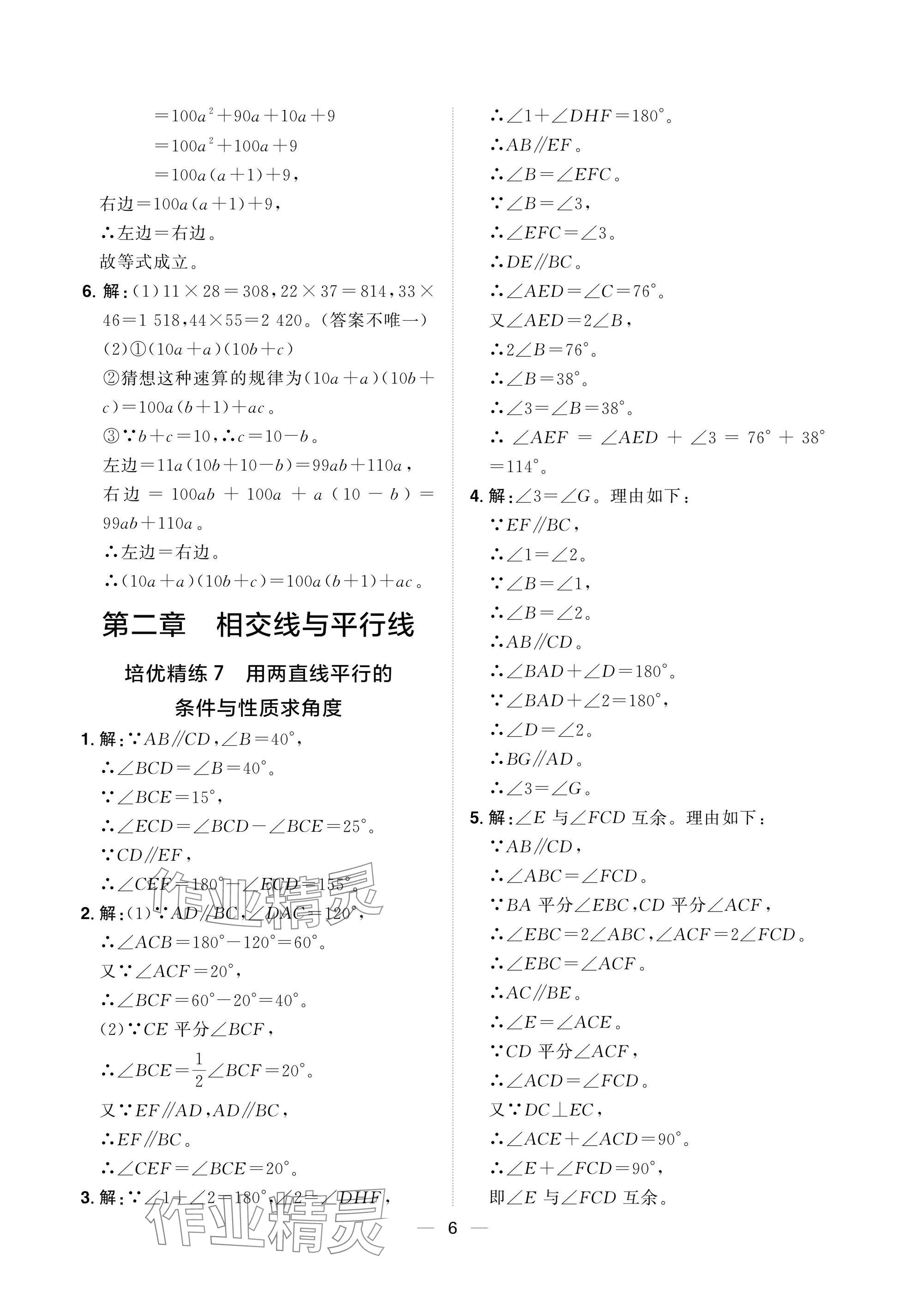 2025年陽光同學分層設計七年級數學下冊北師大版福建專版 參考答案第6頁