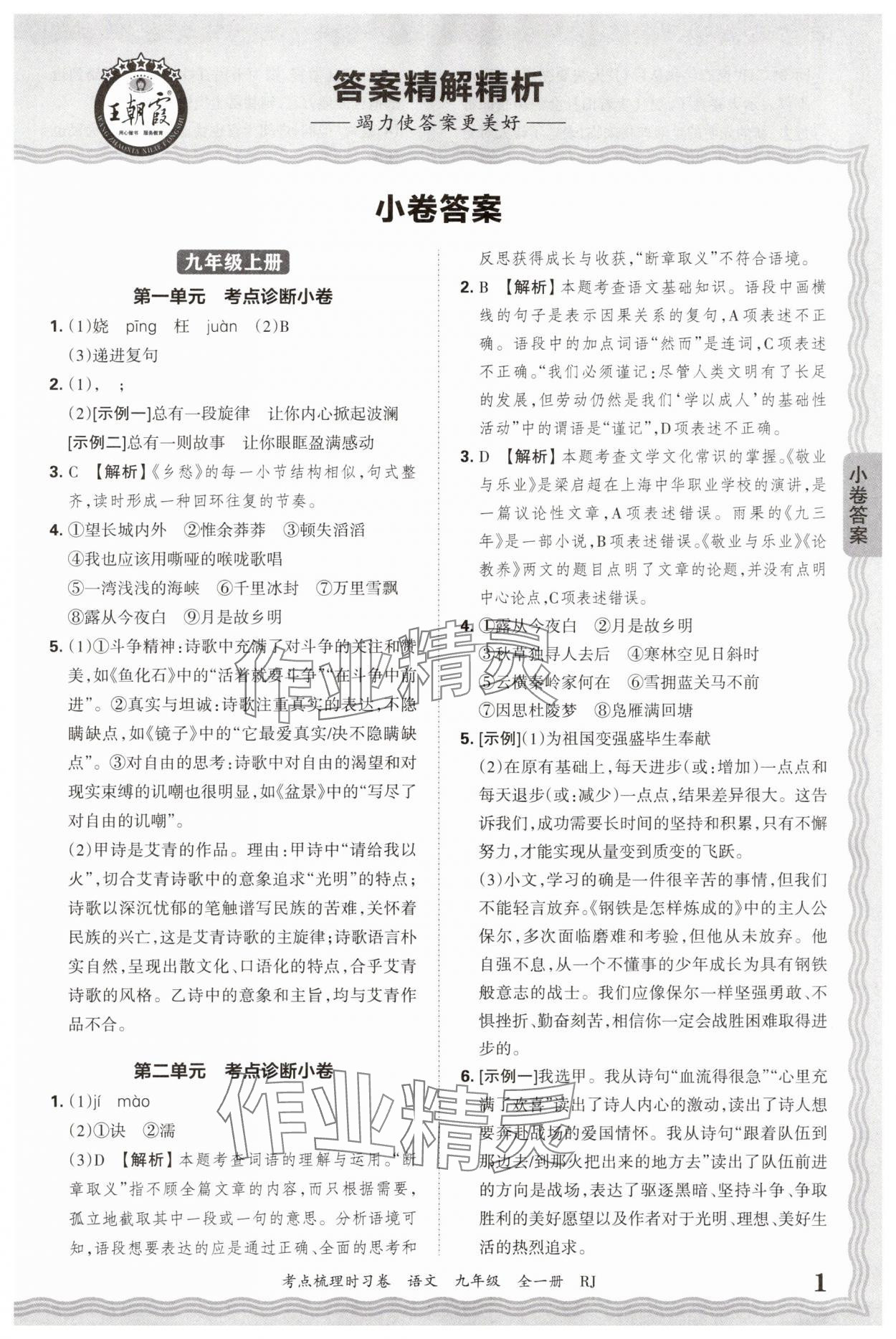 2026年王朝霞考點梳理時習卷九年級語文全一冊人教版 第1頁