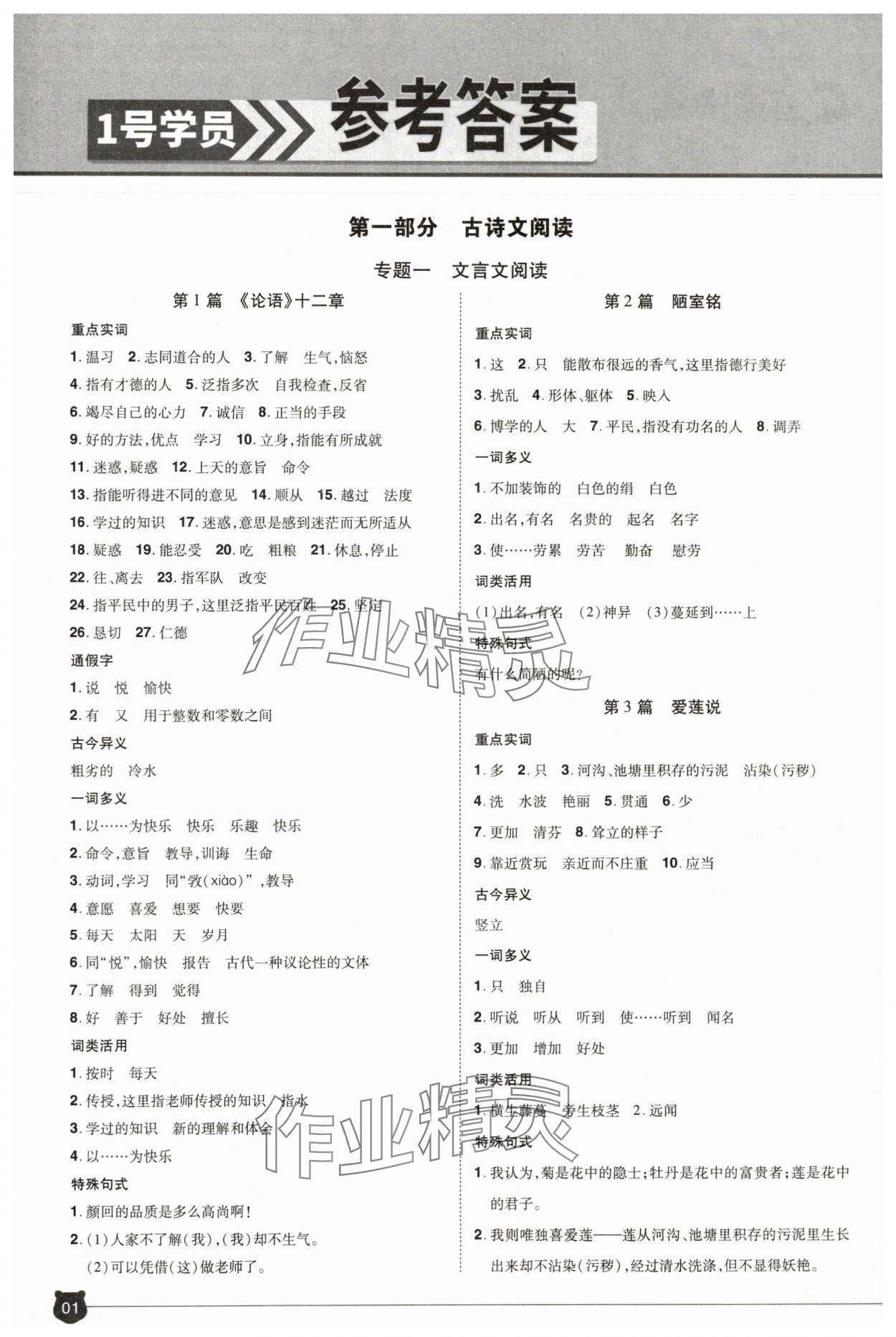 2024年1號(hào)學(xué)員語文中考河南專版 參考答案第1頁