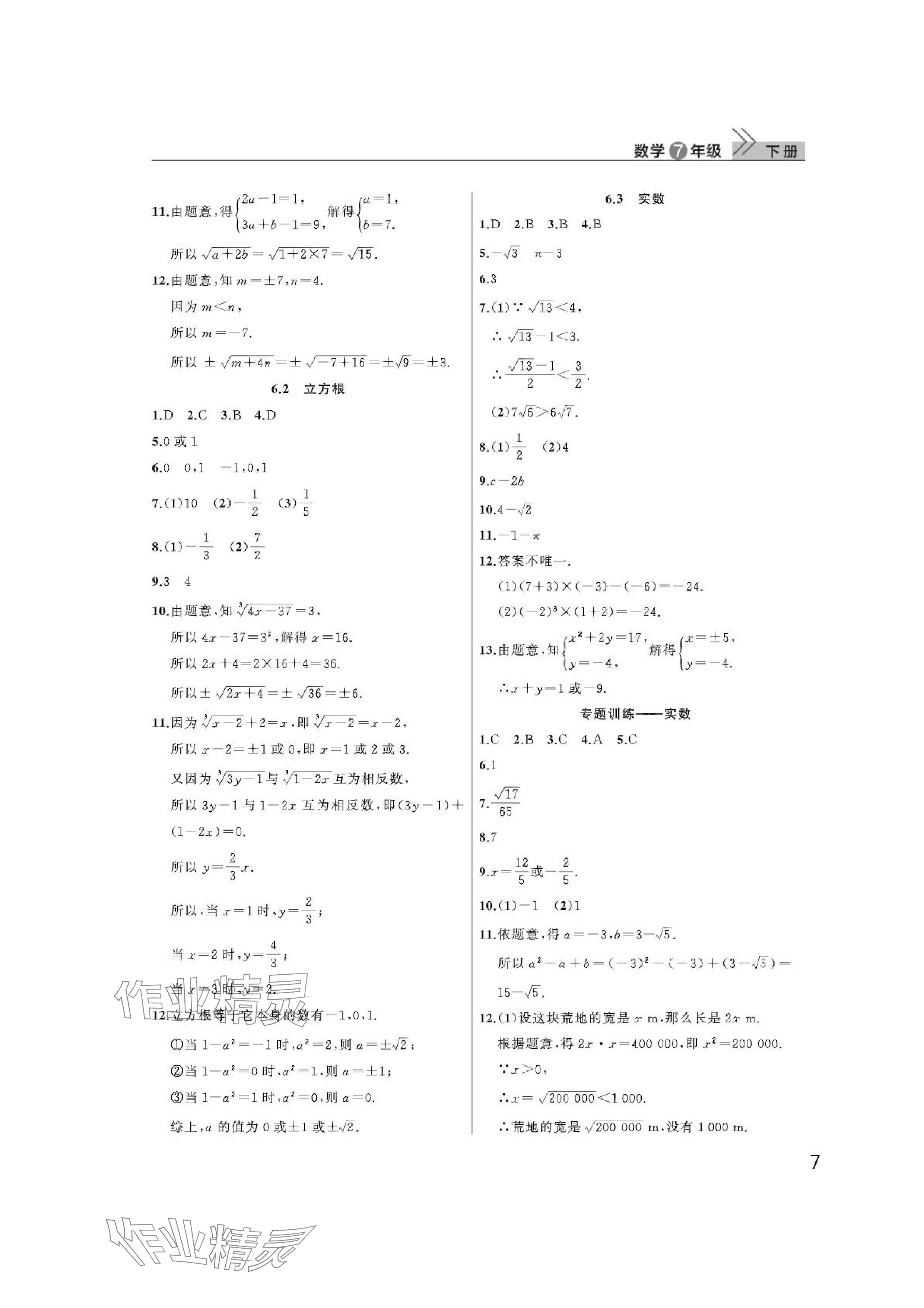 2024年课堂作业武汉出版社七年级数学下册人教版 参考答案第7页