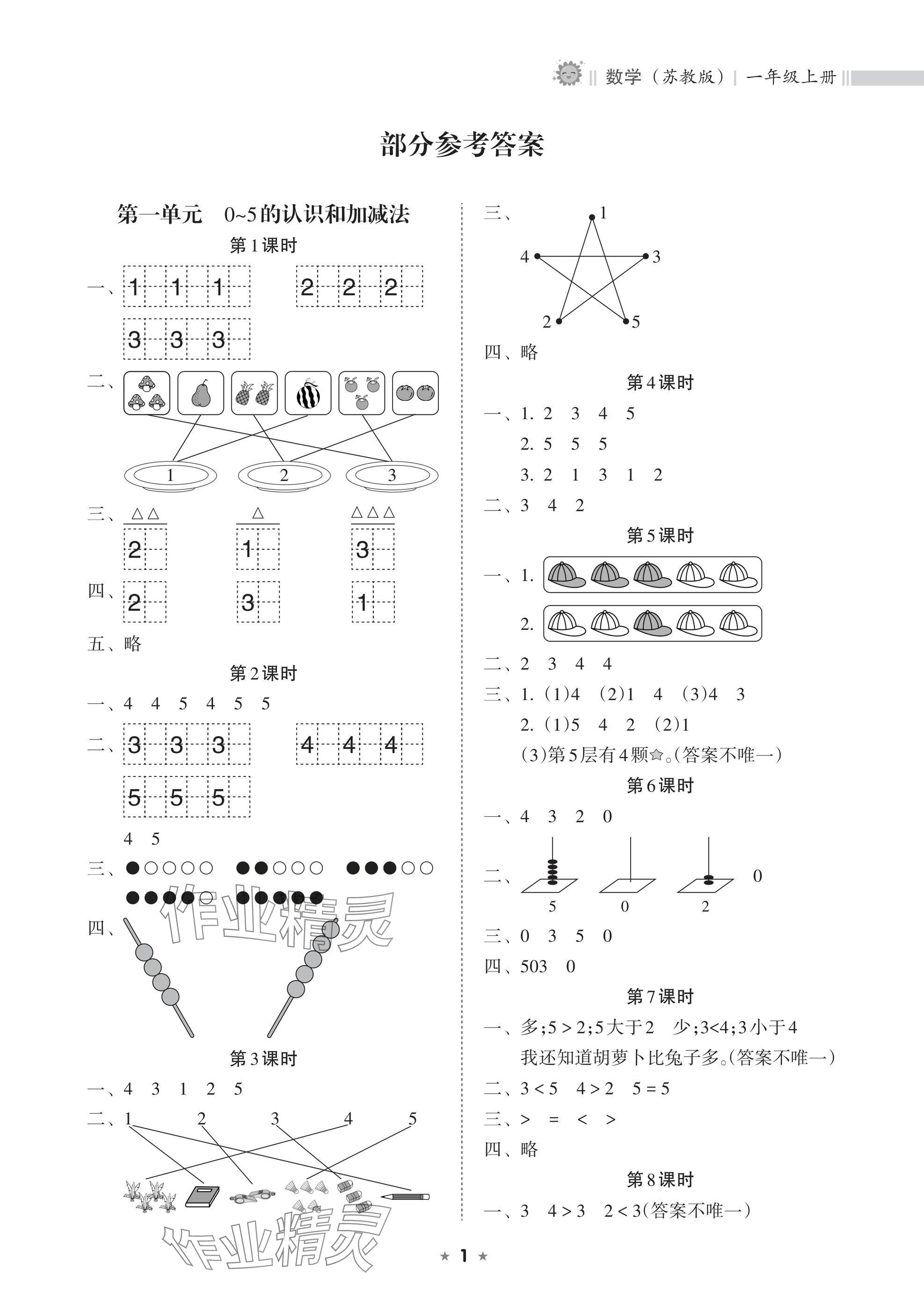 2024年新課程課堂同步練習(xí)冊(cè)一年級(jí)數(shù)學(xué)上冊(cè)蘇教版 參考答案第1頁(yè)