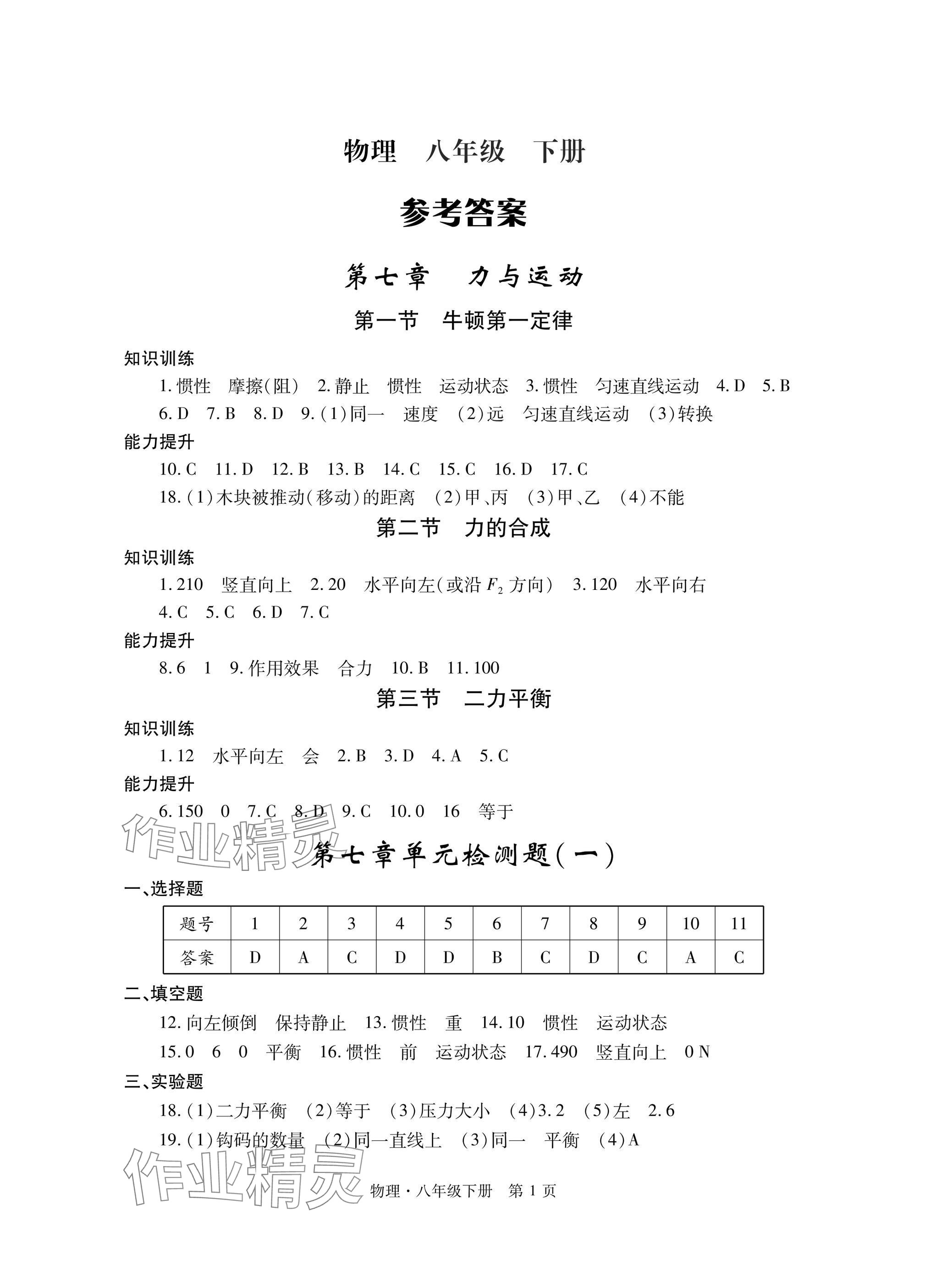 2025年自主學習指導課程與測試八年級物理下冊滬科版 參考答案第1頁