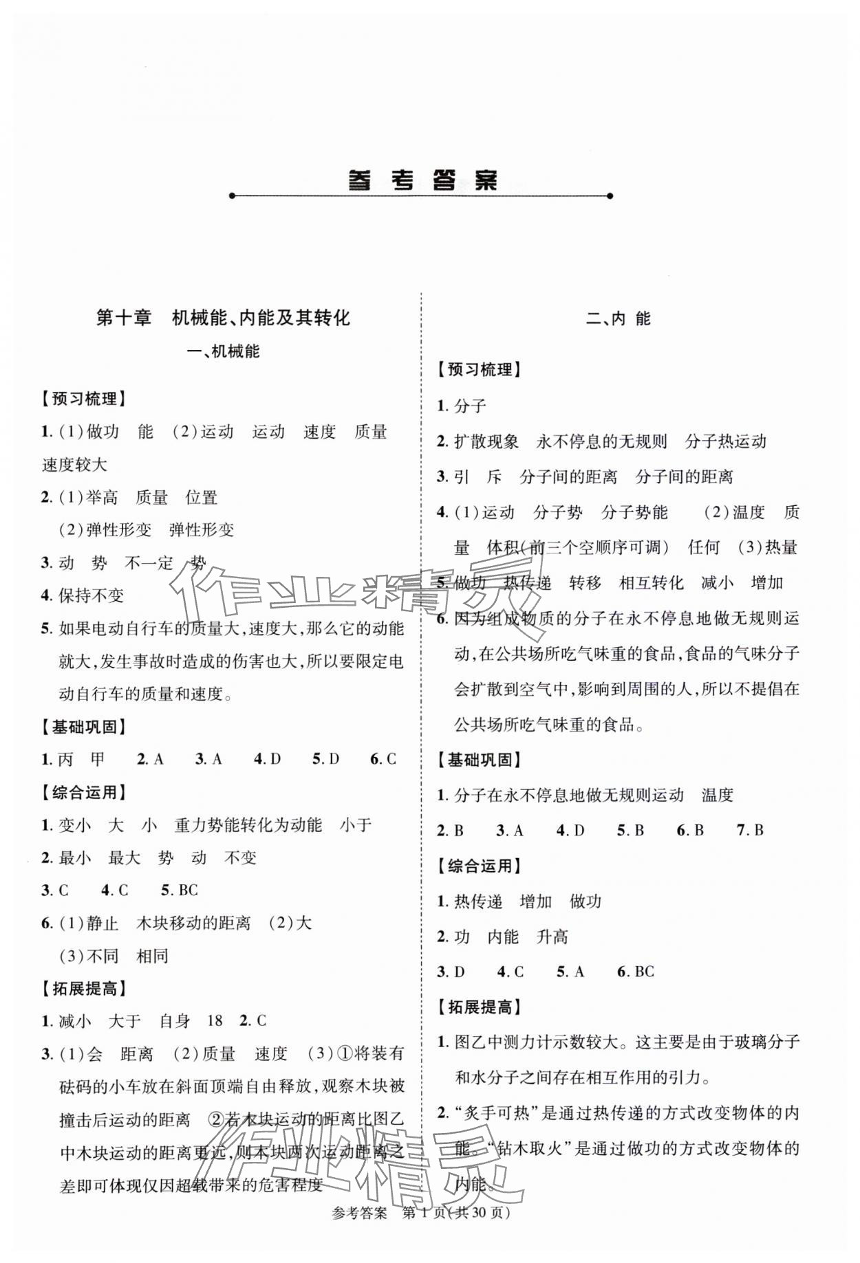 2023年新课程同步学案九年级物理全一册北师大版 参考答案第1页