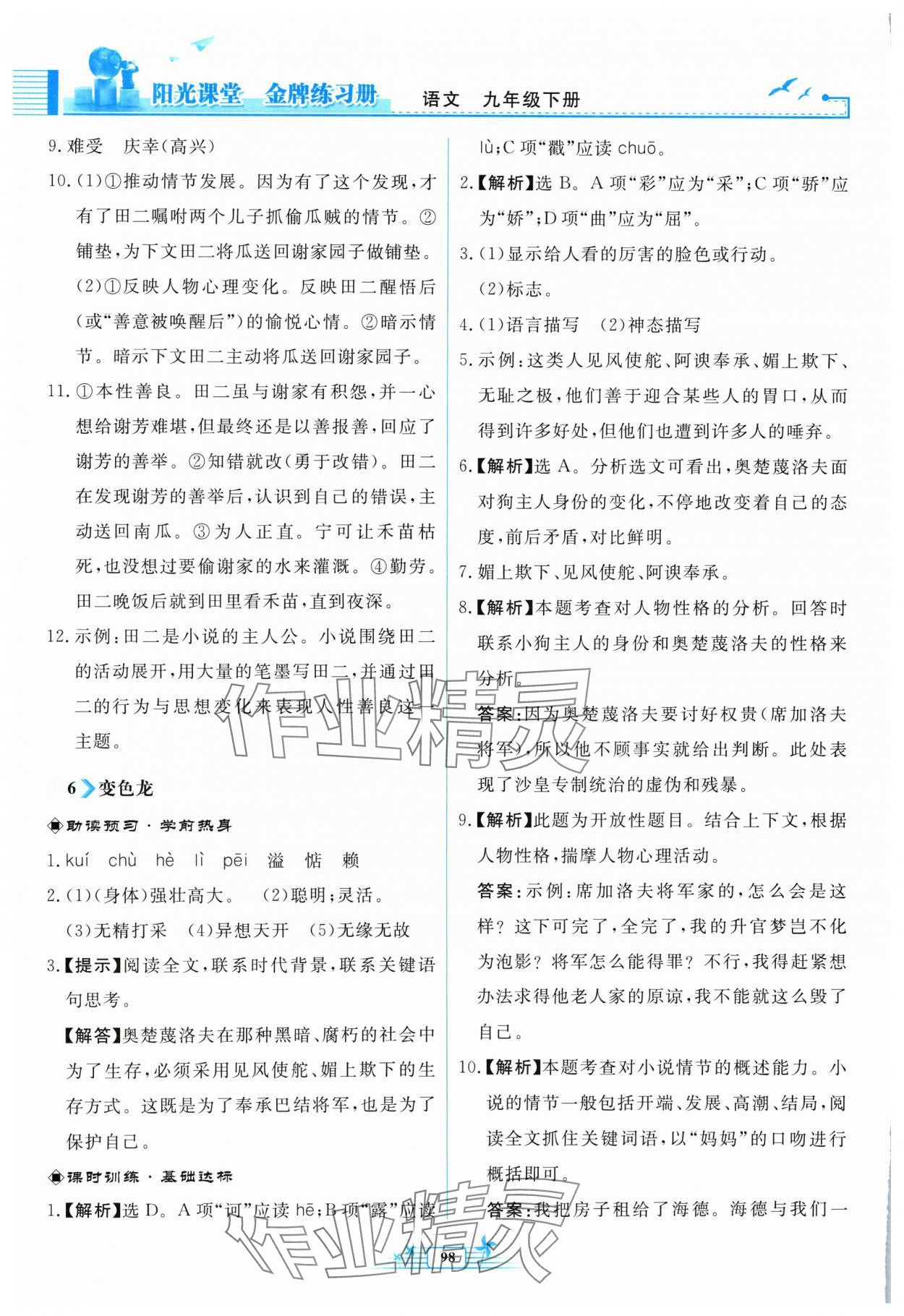 2024年阳光课堂金牌练习册九年级语文下册人教版福建专版 参考答案第6页