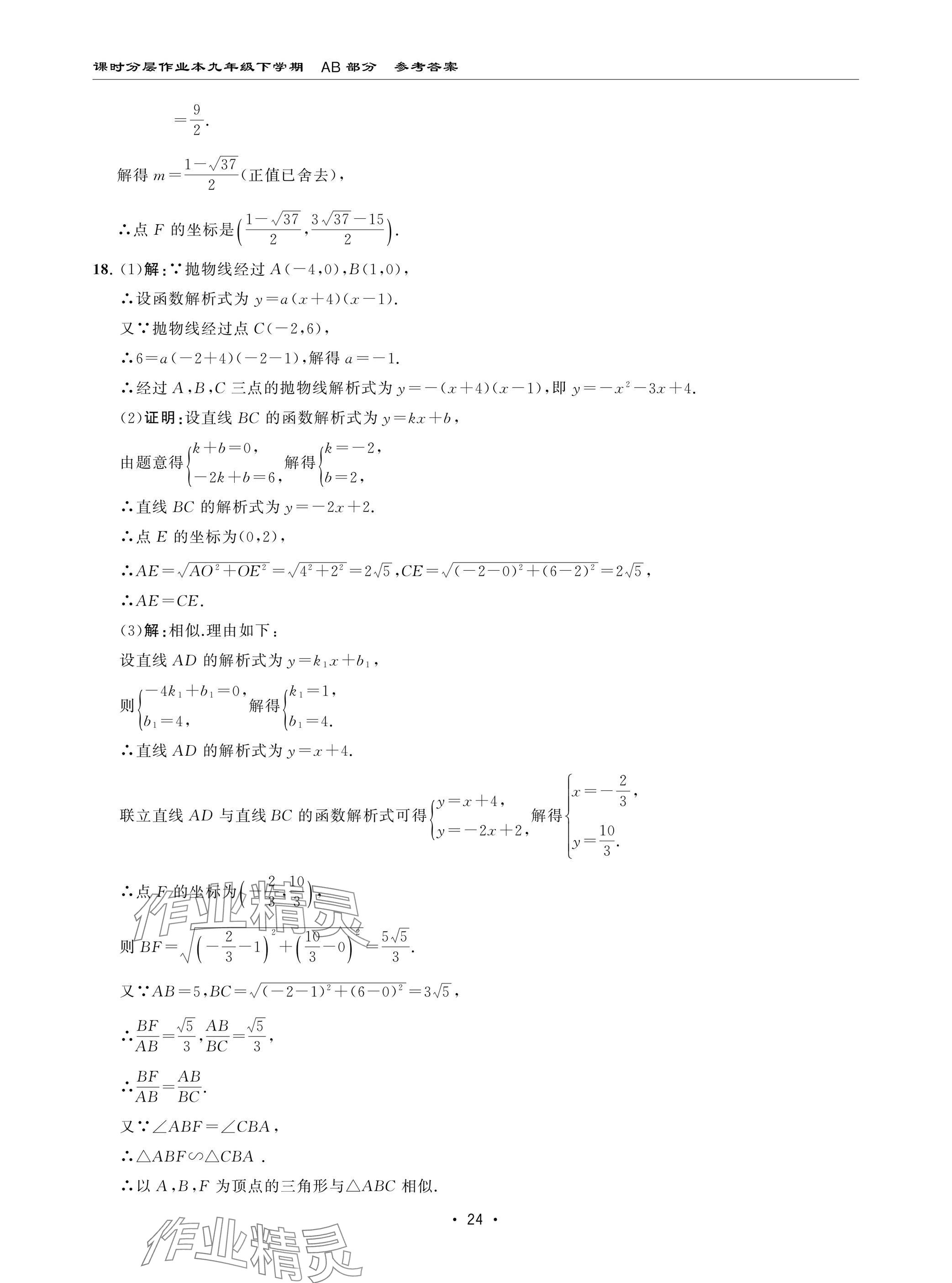 2025年课时分层作业本九年级数学下册北师大版 参考答案第24页