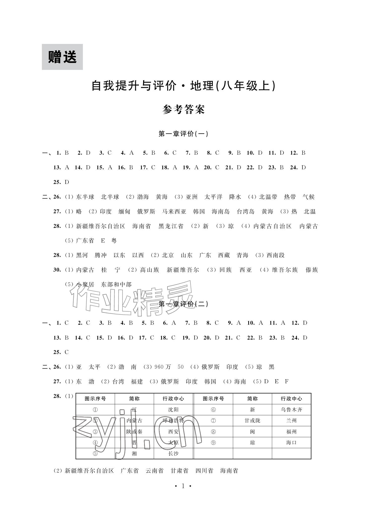 2026年自我提升与评价八年级地理上册人教版&nbsp;参考答案第1页