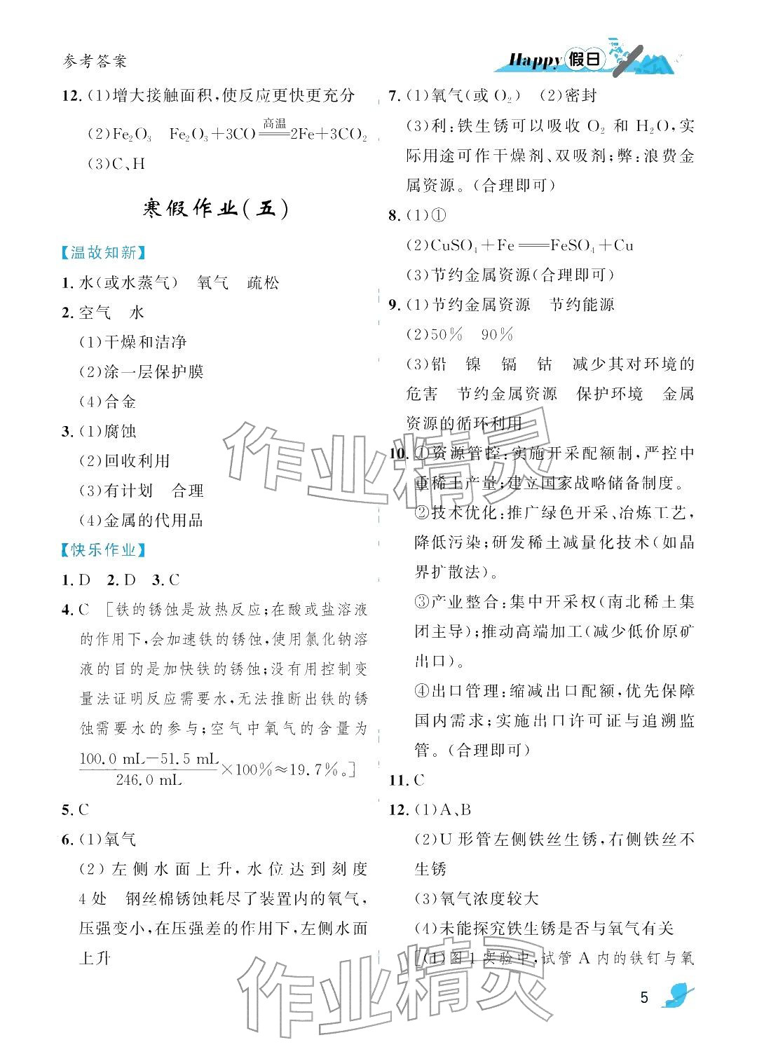 2026年寒假Happy假日九年级化学通用版&nbsp;参考答案第5页