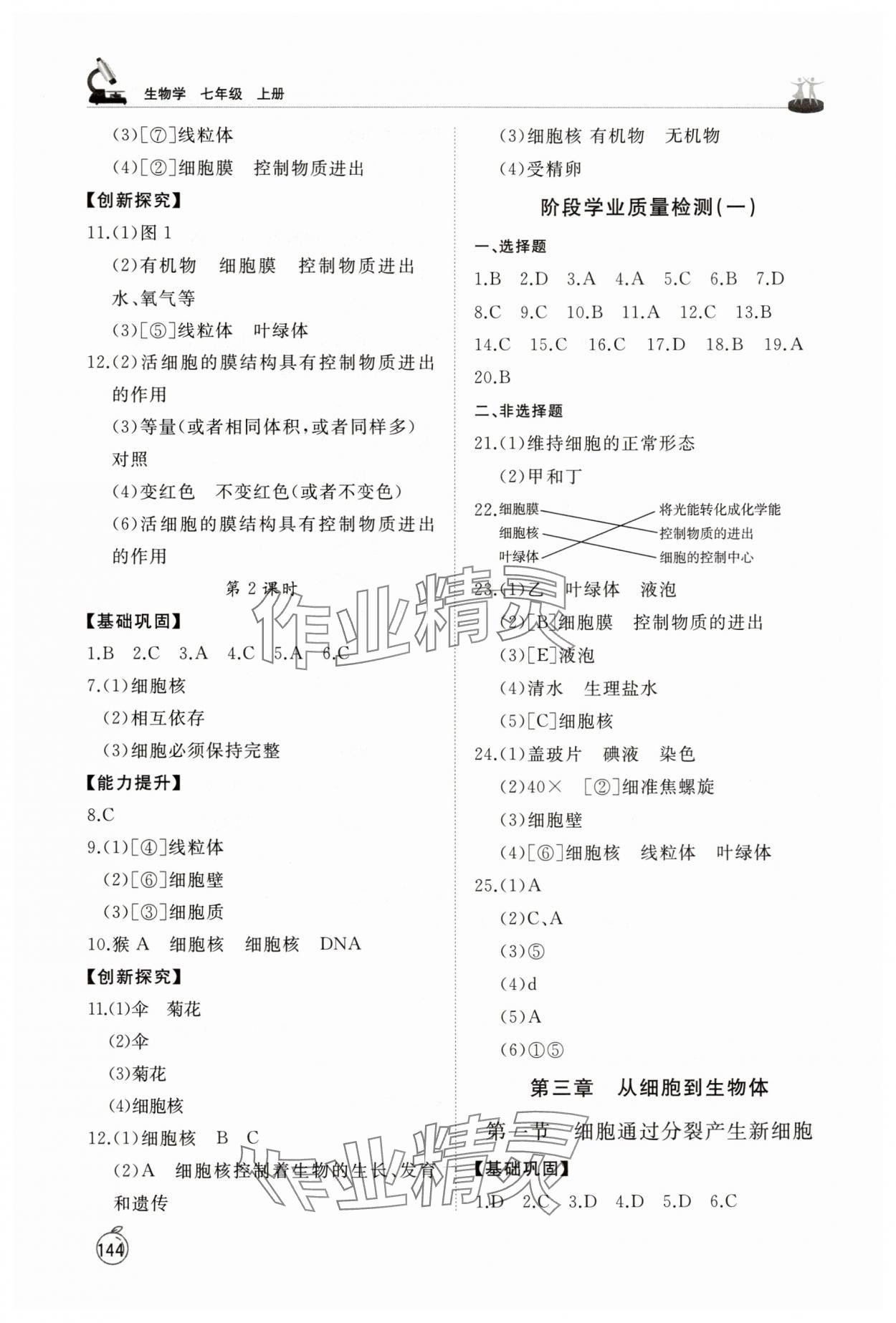2025年同步练习册山东友谊出版社七年级生物上册人教版&nbsp;参考答案第3页