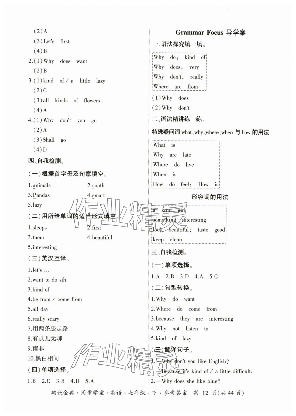 2024年名師幫同步學(xué)案七年級英語下冊人教版 參考答案第12頁