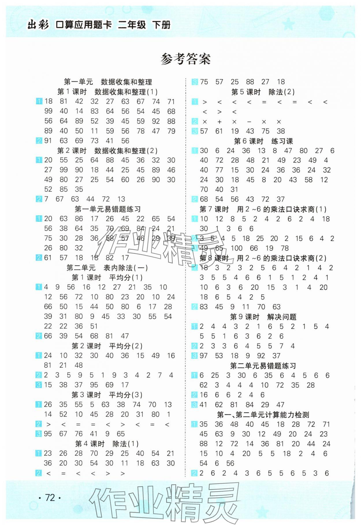 2025年出彩口算應用題卡二年級數學下冊人教版 參考答案第1頁